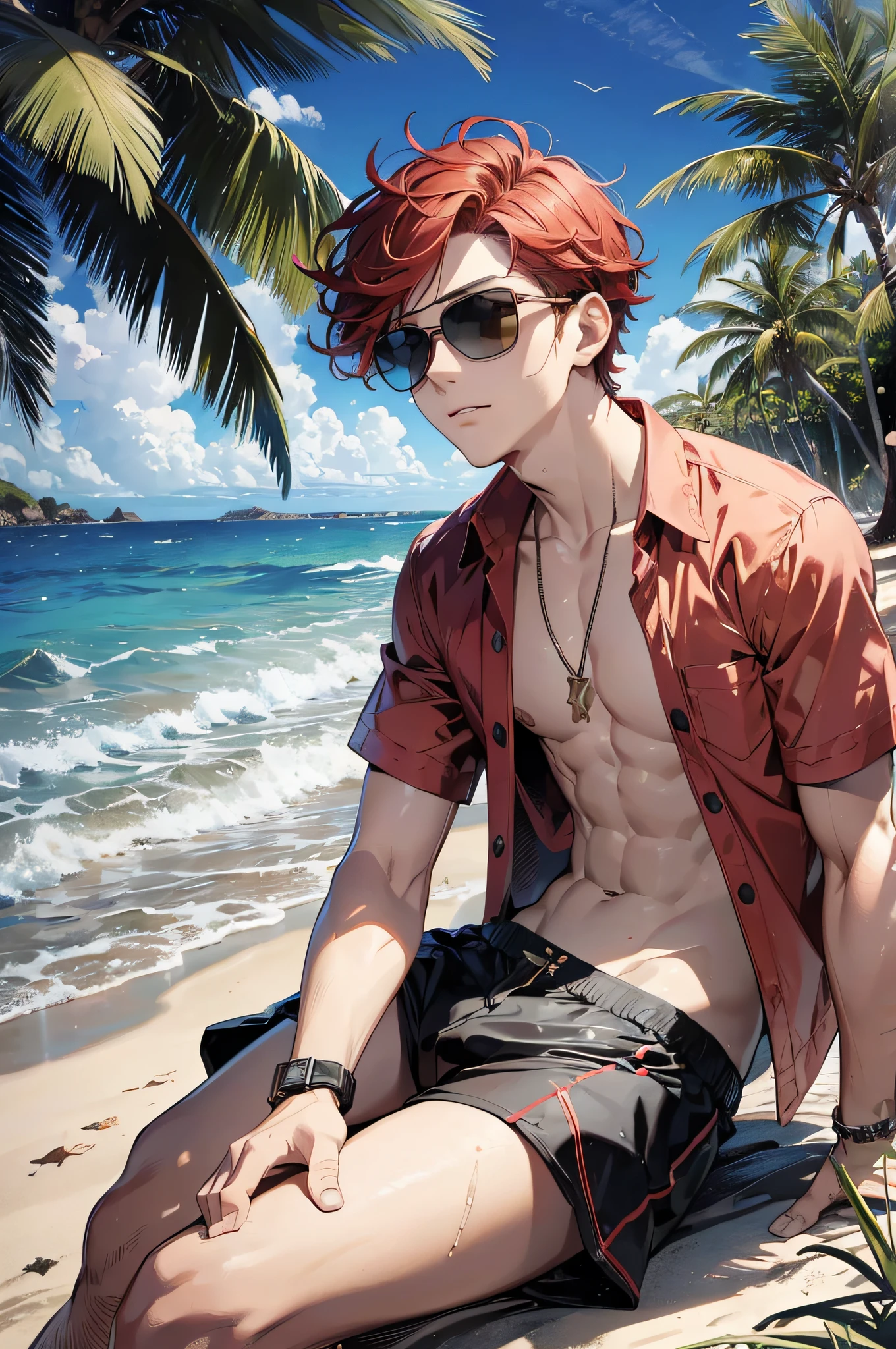 (absurdres, highres, ultra detailed), masterpiece, best quality, a boy with beach, solo, very short hair, red hair, handsome, finely eye and detailed face, open shirt, swim trunks, full body, real shadow, sun glasses, look away