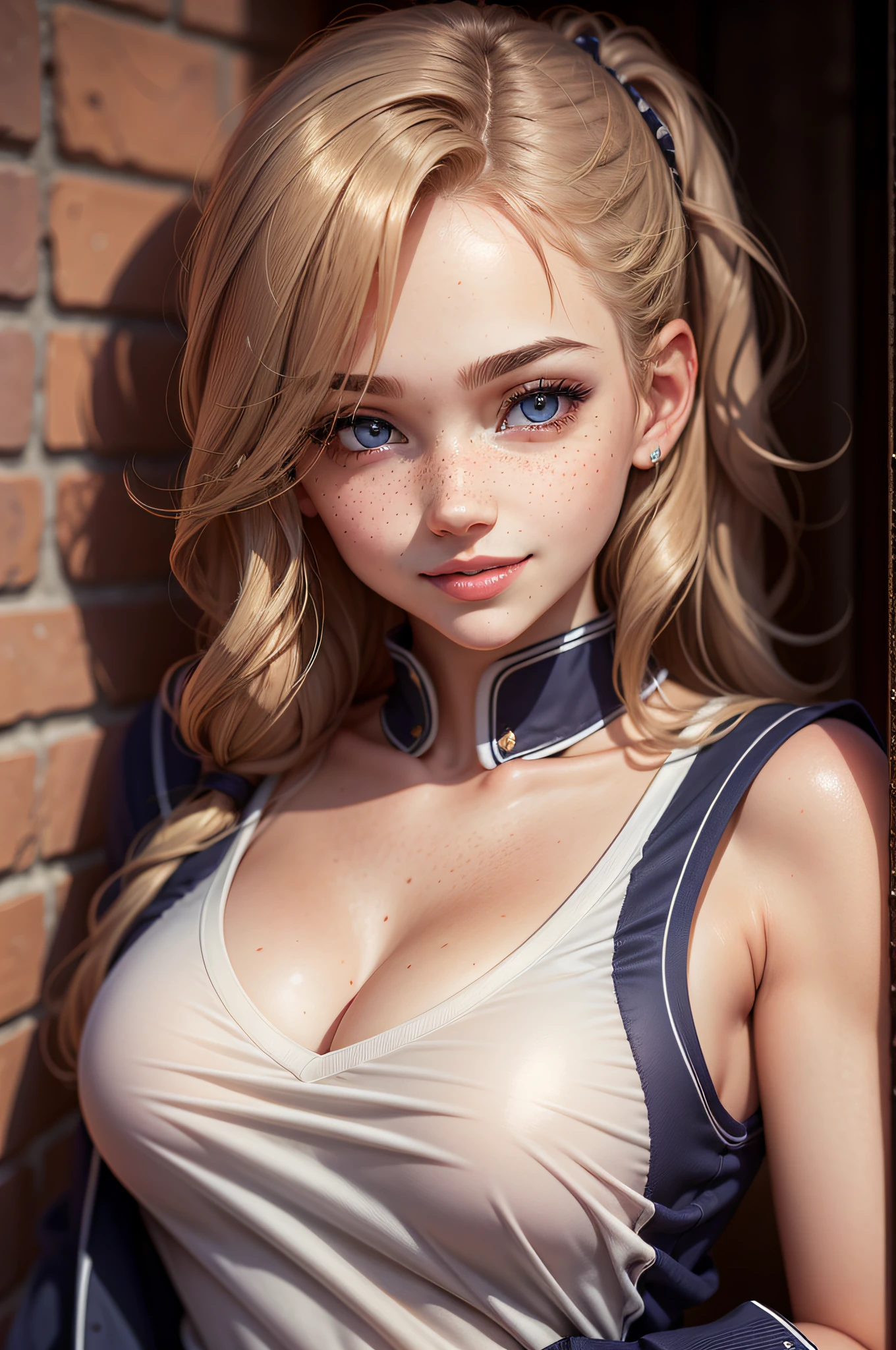 beautiful female face, wearing a school outfit, gorgeous eyes, intricate, cleavage, soft lips, smiling, naughty, seductive glance, freckles, side boob, under boob