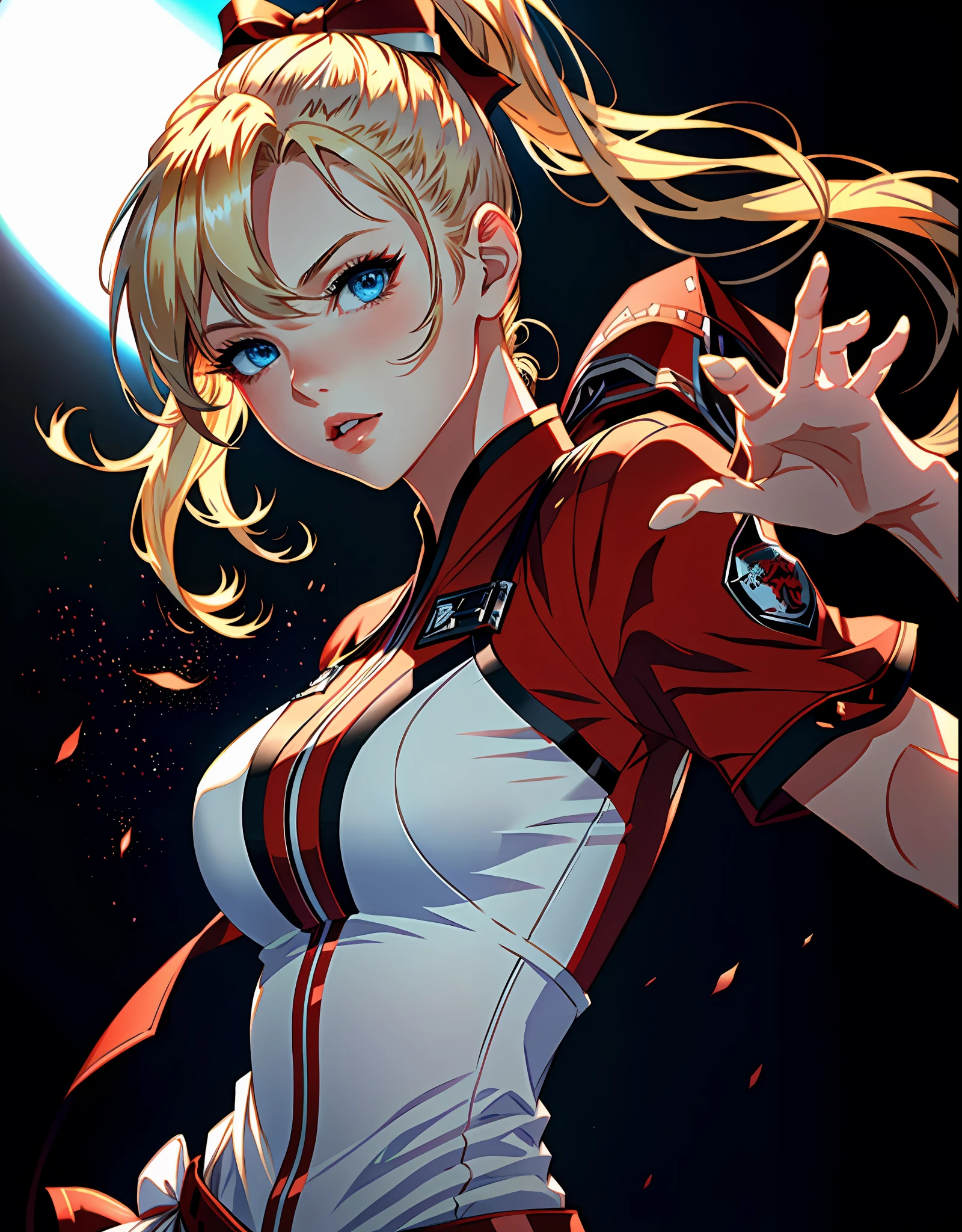 masterpiece, ultra high quality CG, best quality, perfect picture, solo, lidia sobieska (tekken, blonde hair with high ponytail, blue eyes, red hairbow, strong), karate pose, wearing a sexy karate outfit
