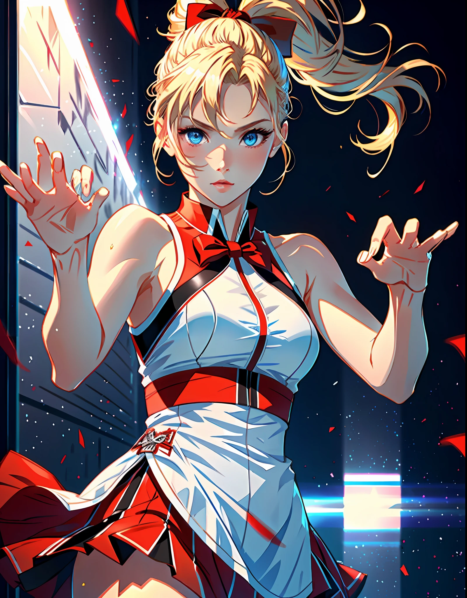 masterpiece, ultra high quality CG, best quality, perfect picture, solo, lidia sobieska (tekken, blonde hair with high ponytail, blue eyes, red hairbow, strong), karate pose, wearing a sexy karate outfit