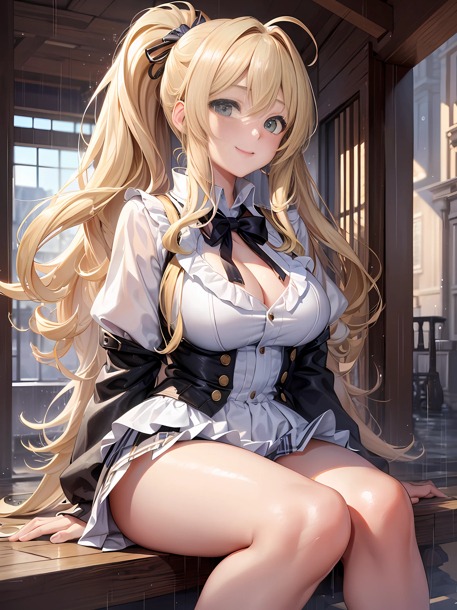 masterpiece, best quality, official art, (highly detailed CG Unity 8k wallpaper), detailed background, (hands by Guido Daniele: 1.1), feet outside the frame, first-person perspective, 1, attractive and perfect beautiful woman, schoolgirl, JK, schoolgirl uniform, rainy day, a lot of rain, windy, (curvaceous), ( white thighs: 1.12), (blonde longhair: 1.12), ( Ahoge: 1.13), (high ponytail: 1.12), (green eyes: 1.13), big, (cleavage), beautiful face, (blush: 1.11), (smile: 1.11)