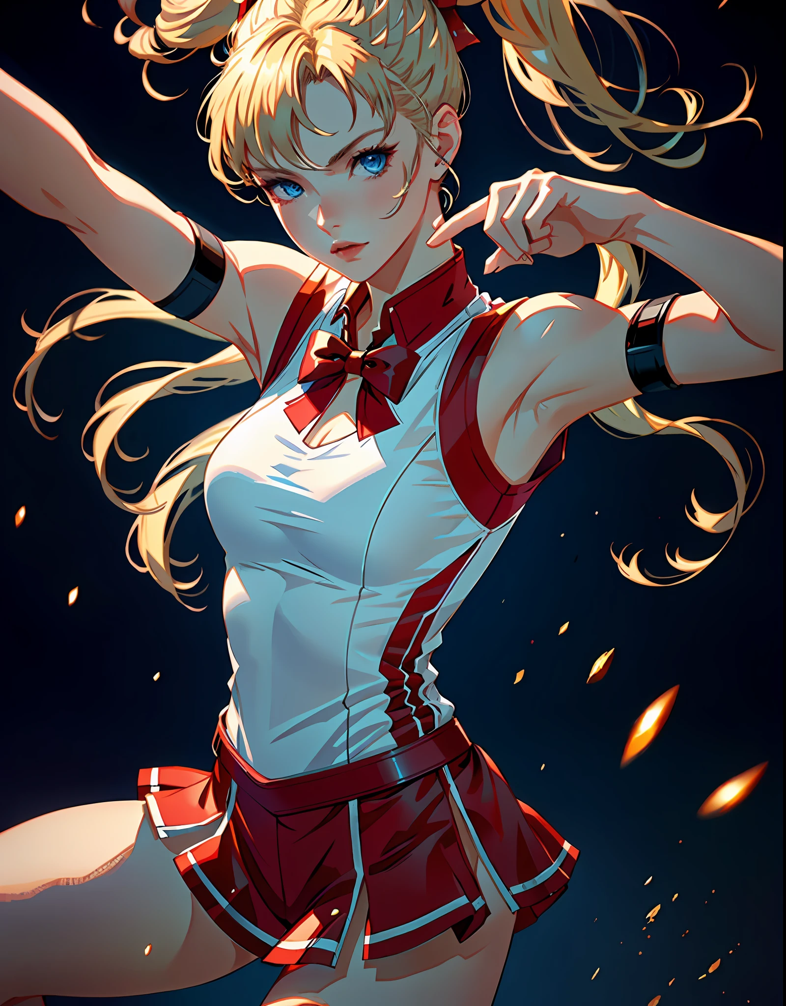 masterpiece, ultra high quality CG, best quality, perfect picture, solo, lidia sobieska (tekken, blonde hair with high ponytail, blue eyes, red hairbow, strong), karate pose, wearing a sexy karate outfit