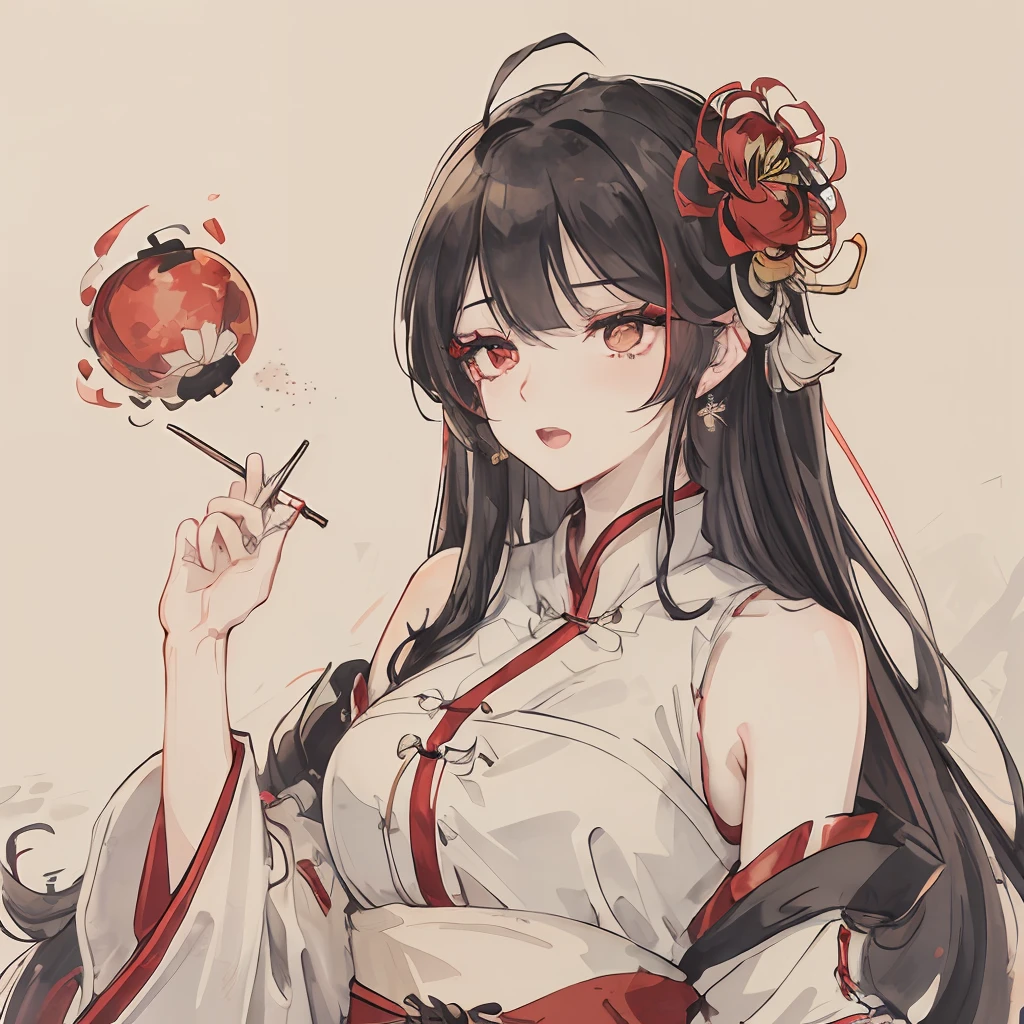 ((High resolution)), (Open Mouth), (Bust), (Top Quality), ((Super Fine)) (Super Fine CG)), ((8k_wallpaper)), Dynamic Angle, Floating, (Eyes with Beautiful Details), Very Delicate and Beautiful Girl, Upper Body, Ink Painting, (Chinese Style), Dark Eyes, Burning, Detail Light. from_low, (black hair), (red spider) lily: 1.33), aqua eye, (hair flower: 1.3), Bloom, single, starry sky, hair accessories, earrings, jewelry, messy hair, bare shoulders, half-closed eyes, bloom, (men), (Hanfu: 1.3), (Medium breasts): 1.2), (Eyeshadow, Red Eyeliner: 1.15), (Eyeshadow, Red Eyeliner: 1.15), (Eyeshadow, Red Eyeliner: 1.15), (Visible Eyes Through Hair: 1.2), (Solo Exhibition), Red Moon