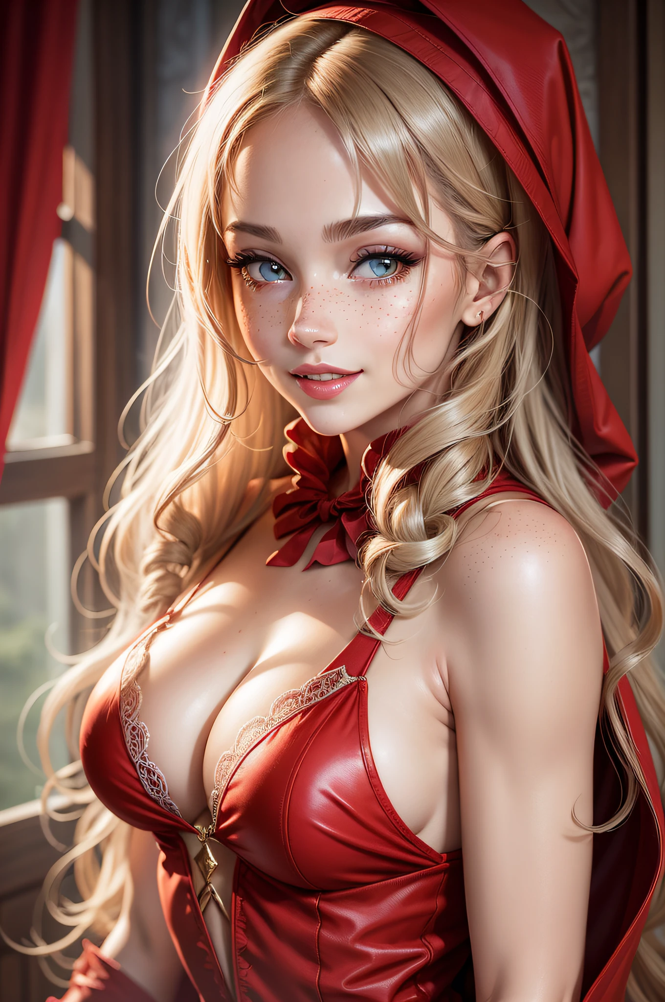 beautiful female face, wearing a red riding hood outfit, gorgeous eyes, intricate, cleavage, soft lips, smiling, naughty, seductive glance, freckles, side boob, under boob