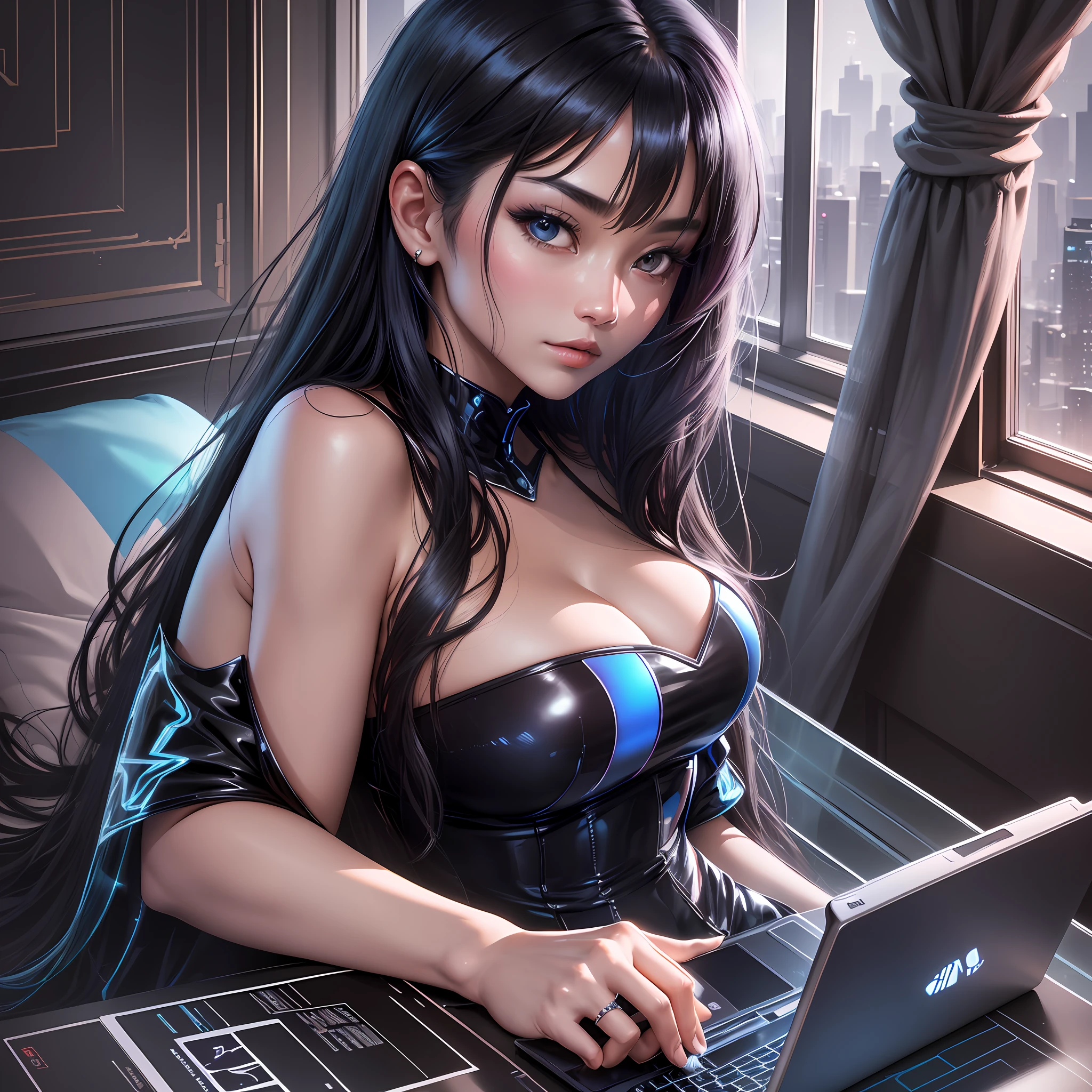 (Digital Art, Ultra HD, Ultra Detail Painting), (High Contrast), (Ordinary Apartment Standing Asian Beauty) Neon lights shining on the body, (Large rings and long straight black hair) to create a sharp contrast, (Night window) Add mystery, (Blue extra-long sexy transparent dress) Highlight the curves of the figure, (Laptop and coffee cup and vase) Create an intimate and free atmosphere, (4K quality) Show every detail.