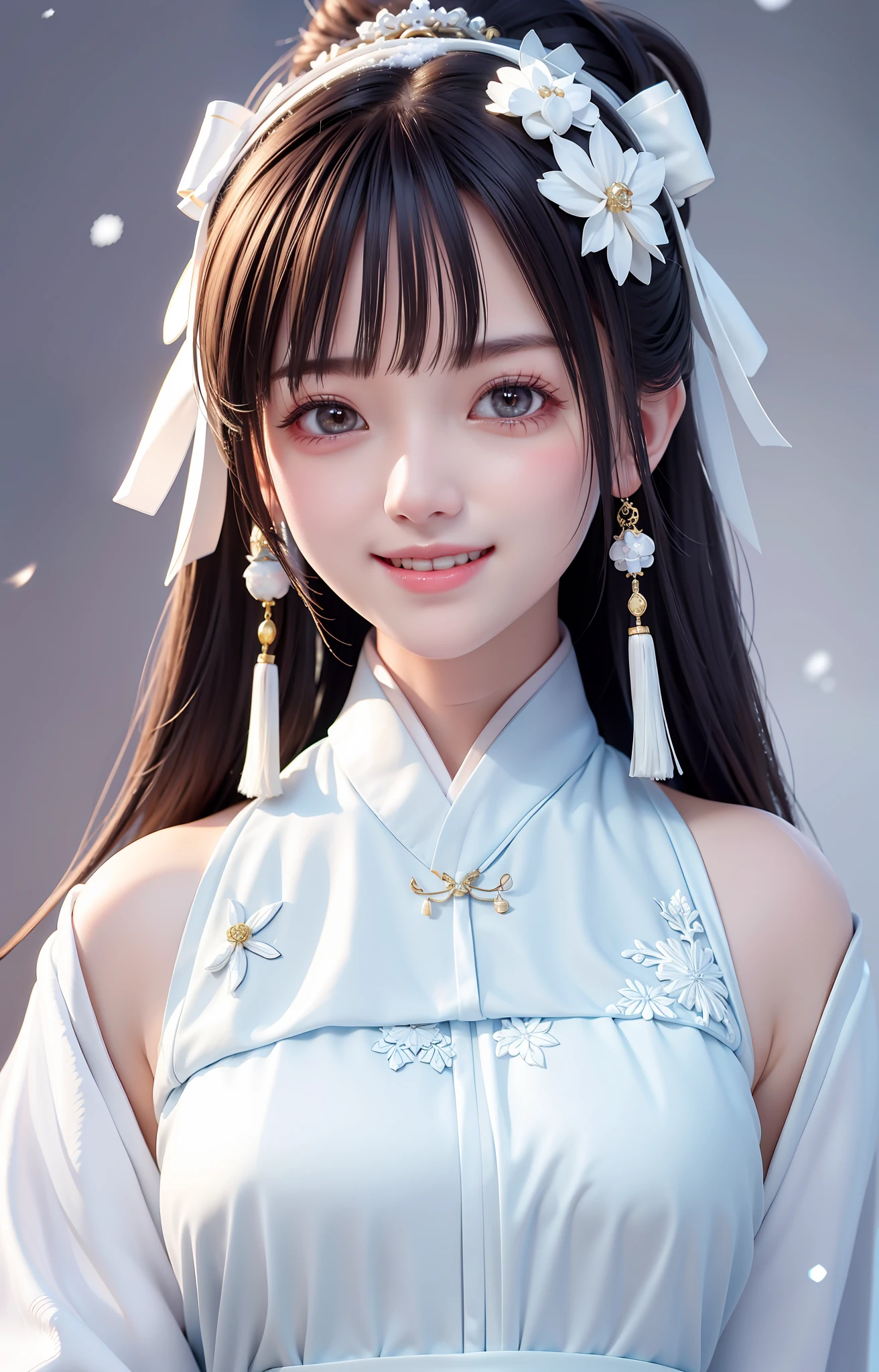 The best quality, masterpieces, white hanfu, Taoist robes, snow scenes. Headgear ribbon, high ponytail, bangs, charming smile, healing smile, beauty that people can't forget when they look at it, large aperture, close-up. Deep view, blurred background.
