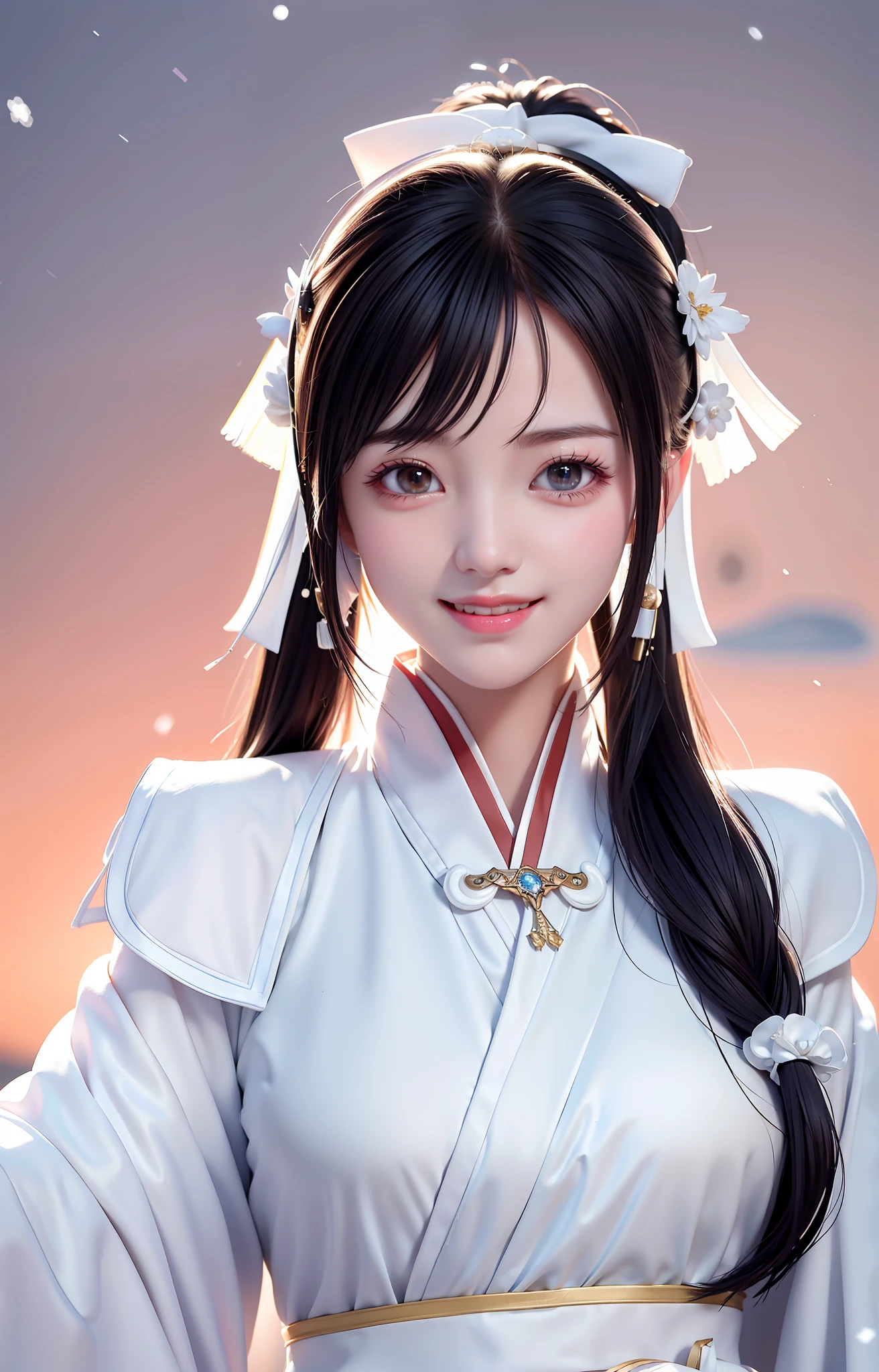 The best quality, masterpieces, white hanfu, Taoist robes, snow scenes. Headgear ribbon, high ponytail, bangs, charming smile, healing smile, beauty that people can't forget when they look at it, large aperture, close-up. Deep view, blurred background.