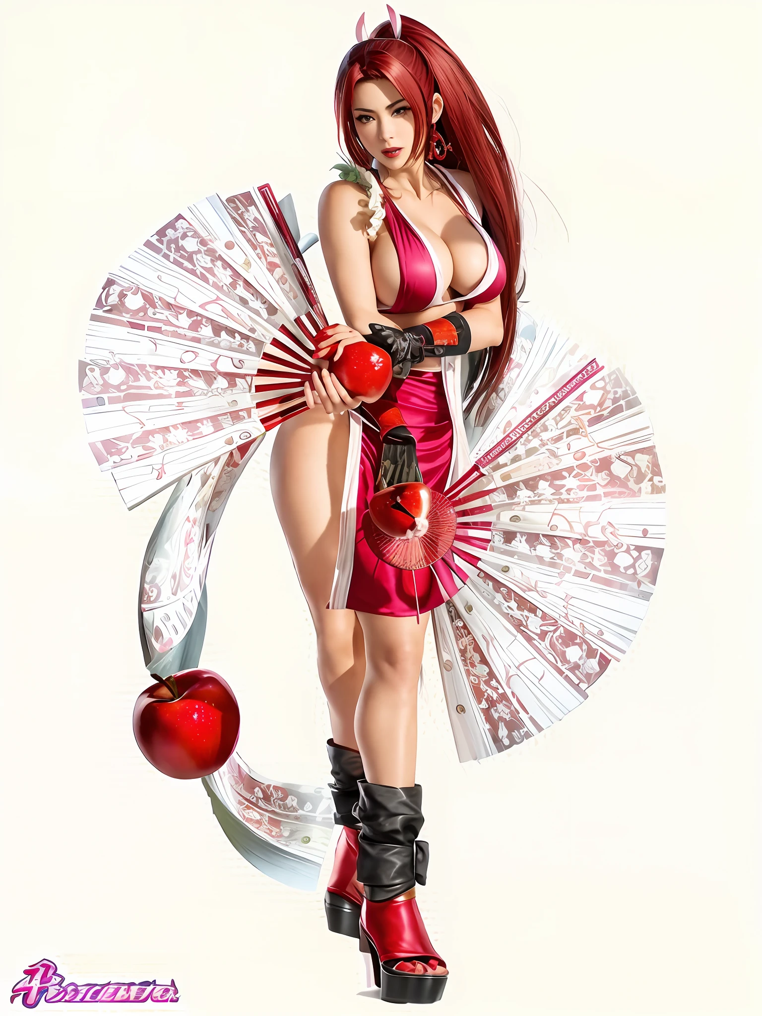 arafed woman in a red dress holding a fan and a red apple, mai shiranui, yoko matsugane as mai shiranui, character from king of fighters, as a character in tekken, fighting game character, tifa, fox nobushi, kunoichi, glamorous tifa lockheart, tifa lockheart, masuimi max