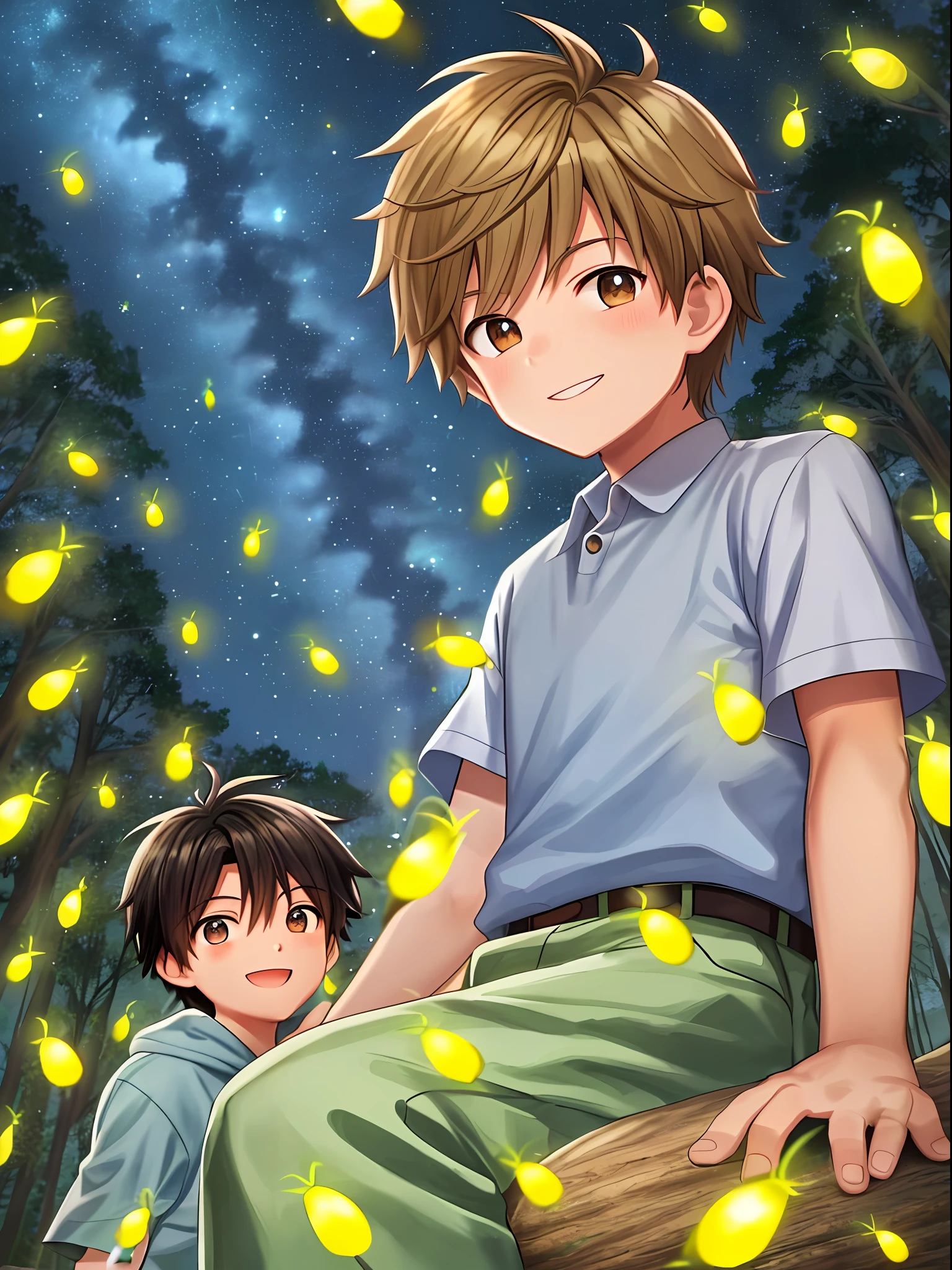 A handsome and adorable eight-year-old boy cuddled with his five-year-old brother (in a forest at night) bristled with fireflies, both with a sweet smile (cartoon style) high image quality and lighting.