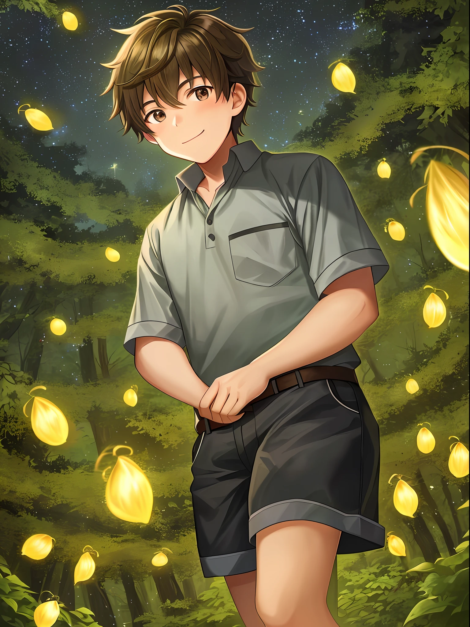 A handsome and adorable eight-year-old boy cuddled with his five-year-old brother (in a forest at night) bristled with fireflies, both with a sweet smile (cartoon style) high image quality and lighting.