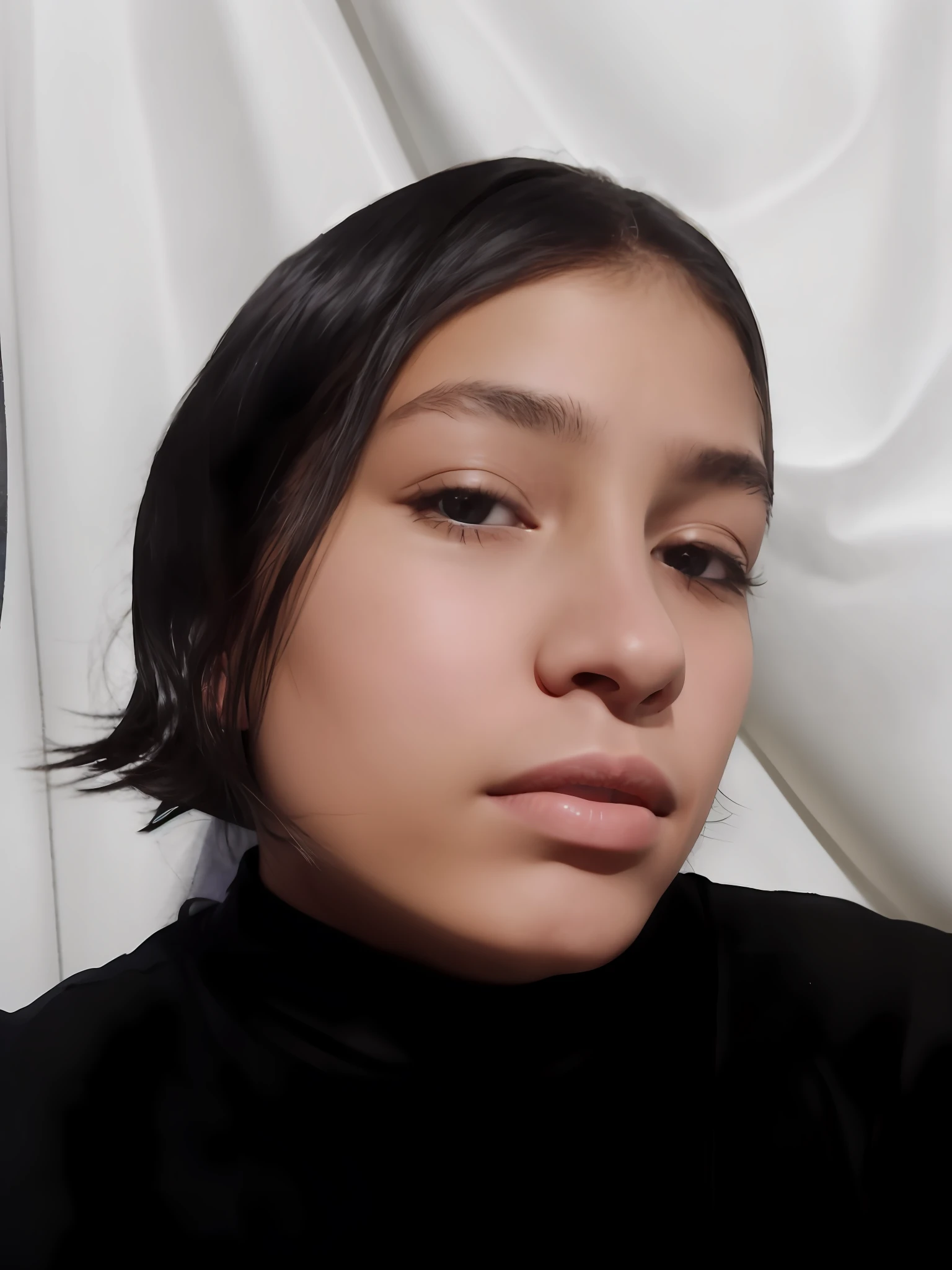 there is a woman with a black shirt and a black shirt, frontal picture, 18 years old, around 1 9 years old, without makeup, very very low quality picture, she is about 1 6 years old, 1 6 years old, face picture, alanis guillen, taken in the early 2020s, with straight black hair