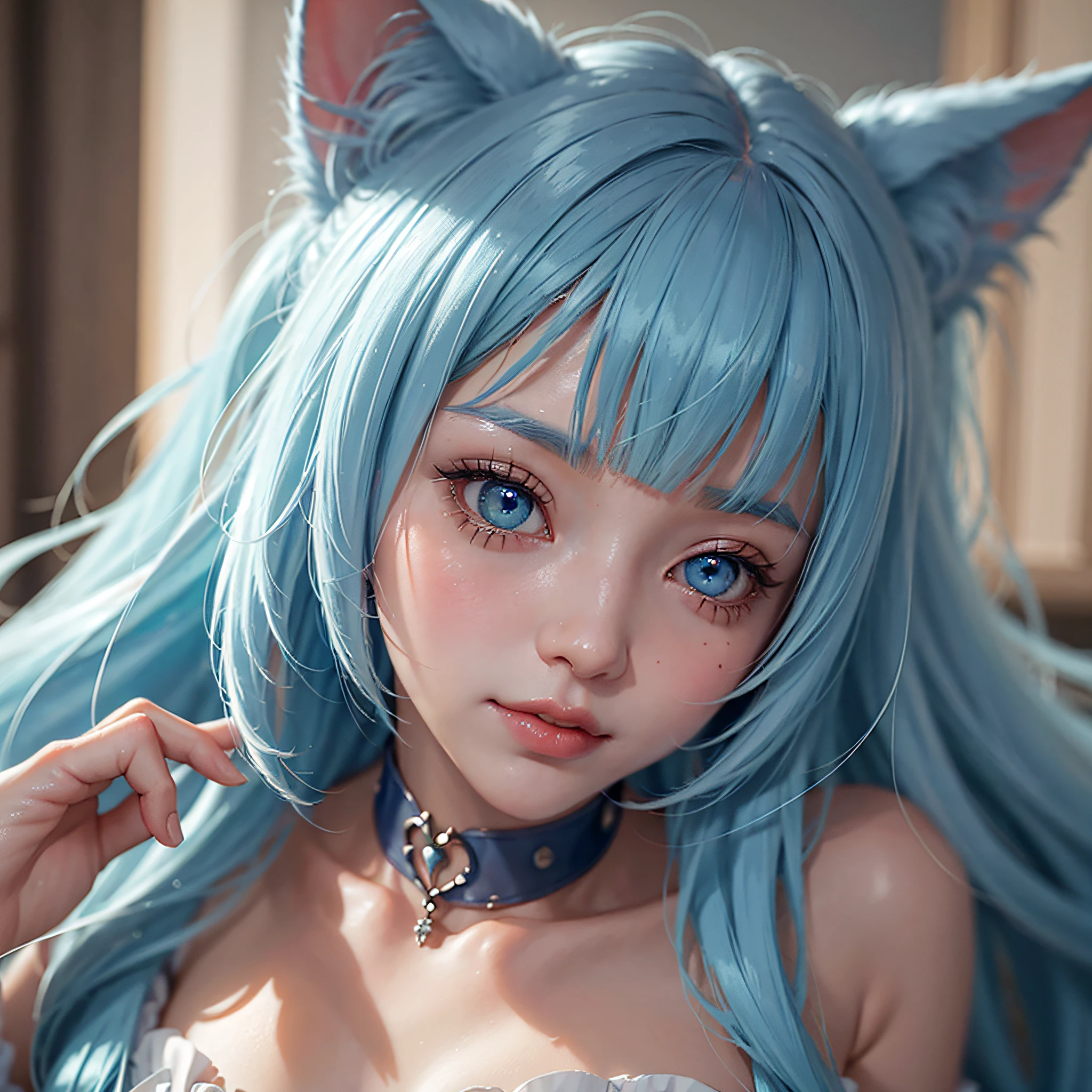 light blue hair, blunt bangs, drill hair, hair ribbon, forehead jewel, bandage over one eye, color contact lenses, fox ears, seductive smile, anime style, chiaroscuro, motion blur, backlighting, Fujicolor, character chart, tachi-e, dutch angle, UHD --auto --s2