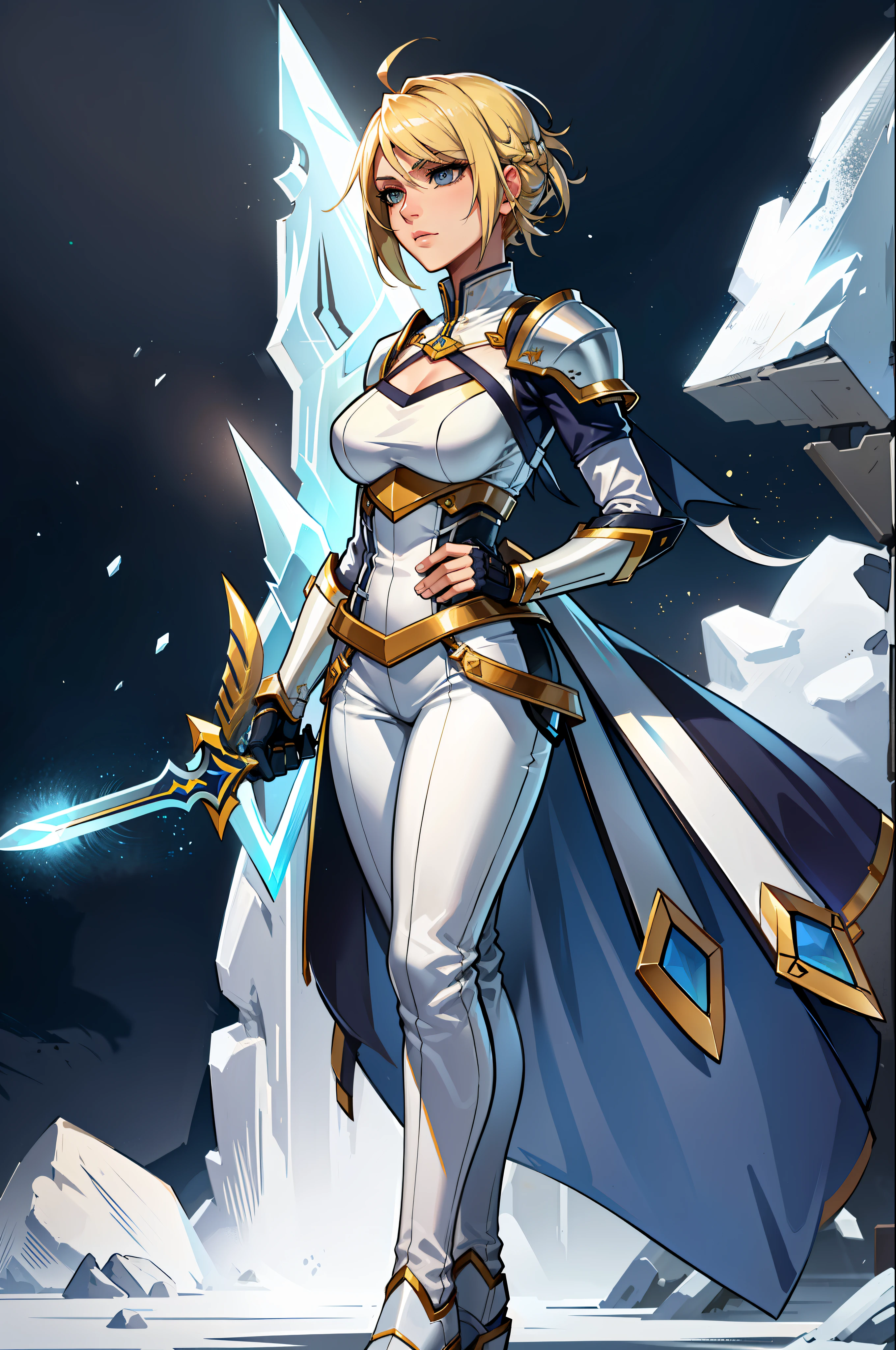 masterpiece, best quality, Agrias, simple armor with neckline, short blonde hair, assasina, white shoe, ice, fantasy, solo, pants, ice effects, Holding a sword or dagger, standing, perfect hands, perfect fingers, highleg tights,wearing anbu mask,