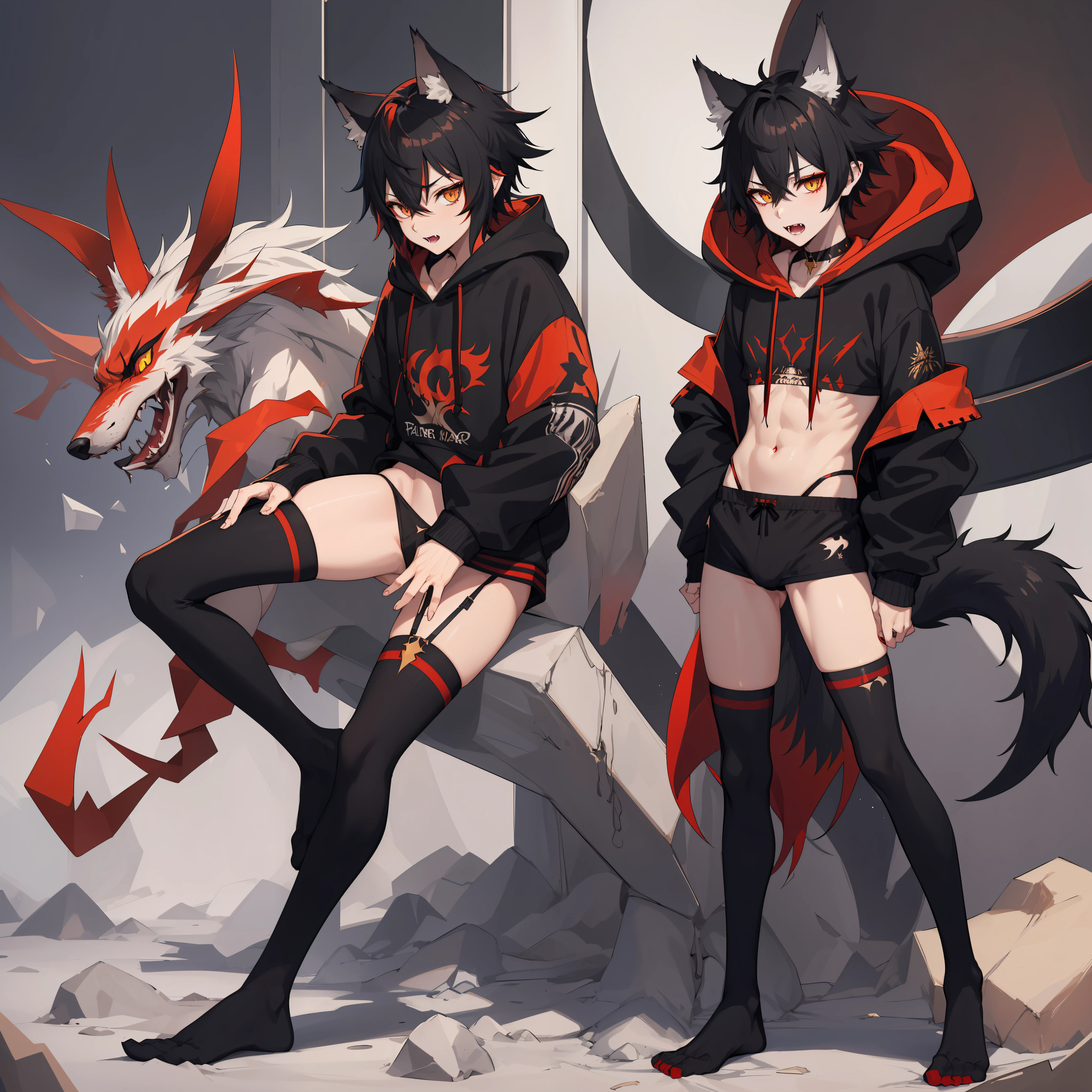 sharp wolf ears, 1boy, gold eyes, black pearlescent red hair, short messy hair, wolf tail, vibrant, HD, slim hoodie, boxers, toned, slim, fangs, black thigh socks, adult, standing, full body view, masterpiece