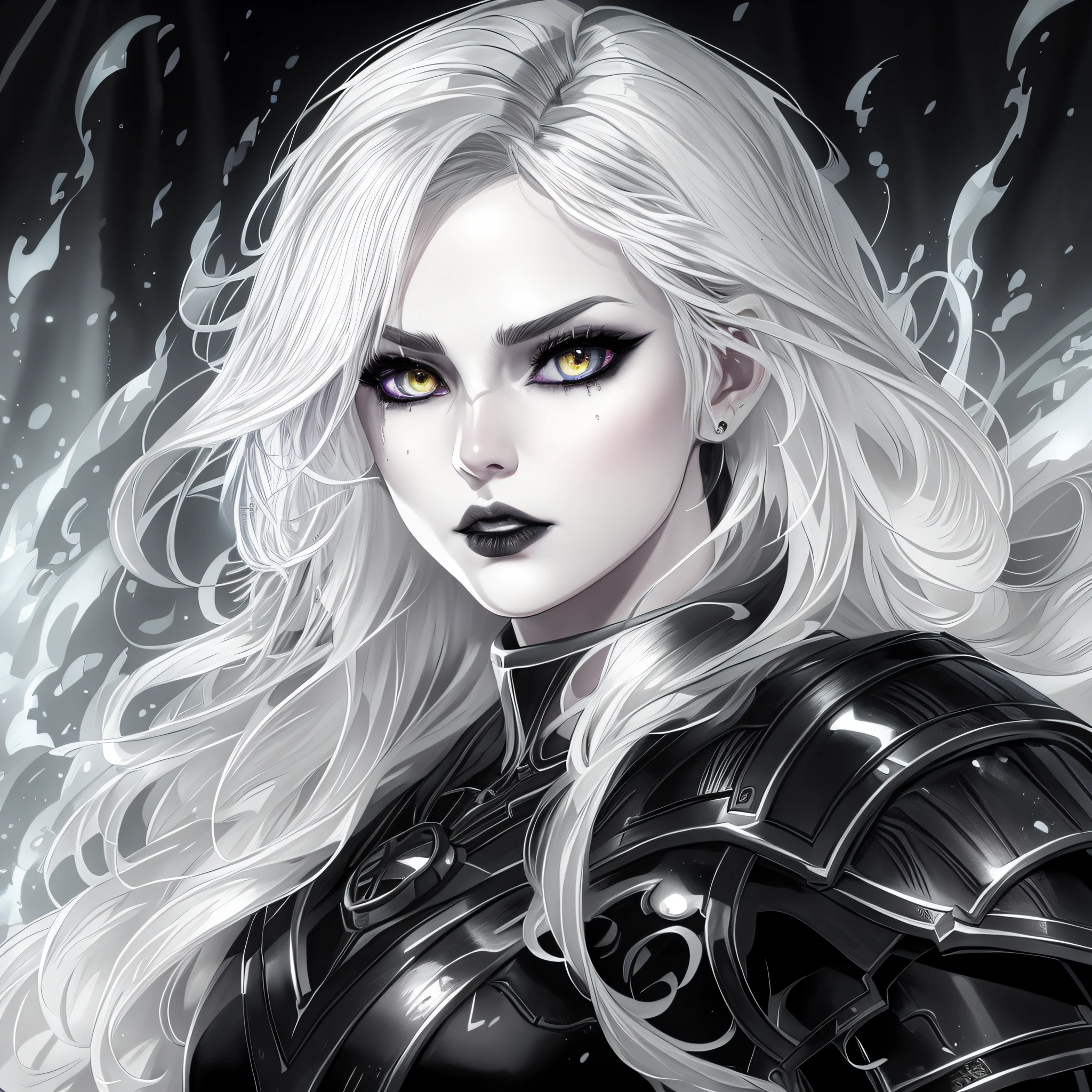 Fantasy Art, Portrait Rpg, Close-up, Race: Huamana Undead Gender: Female Eyes: White Skin color: Very pale gray skin with dark shadows Physique: normal complexion. Facial features: Black tears. Expression: Lost look. Hairstyle: Long white hair Equipment: Black armor with gray, Background: Fuego Negro