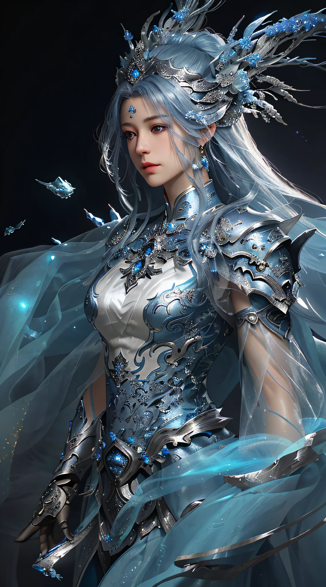 a close up of a woman in a silver and blue dress, chengwei pan on artstation, by Yang J, detailed fantasy art, stunning character art, fanart best artstation, epic exquisite character art, beautiful armor, extremely detailed artgerm, detailed digital anime art, artgerm on artstation pixiv, armor girl