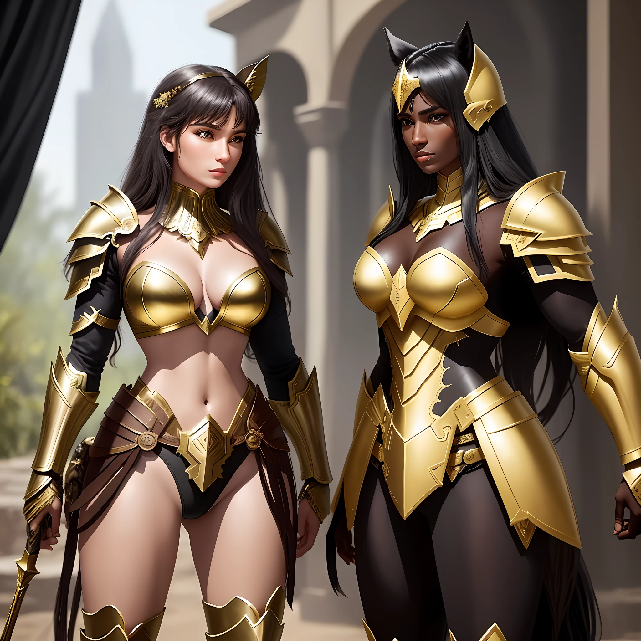A beautiful and stunning Amazon with gold armor and beautiful weapons next to a black stallion
