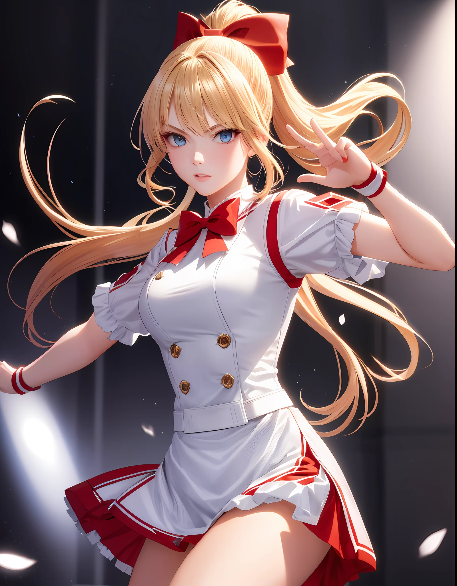 masterpiece, ultra high quality CG, best quality, perfect picture, solo, lidia sobieska (tekken, blonde hair with high ponytail, blue eyes, red hairbow, strong), karate pose, wearing a sexy karate outfit, detailed background, inside a karate academy