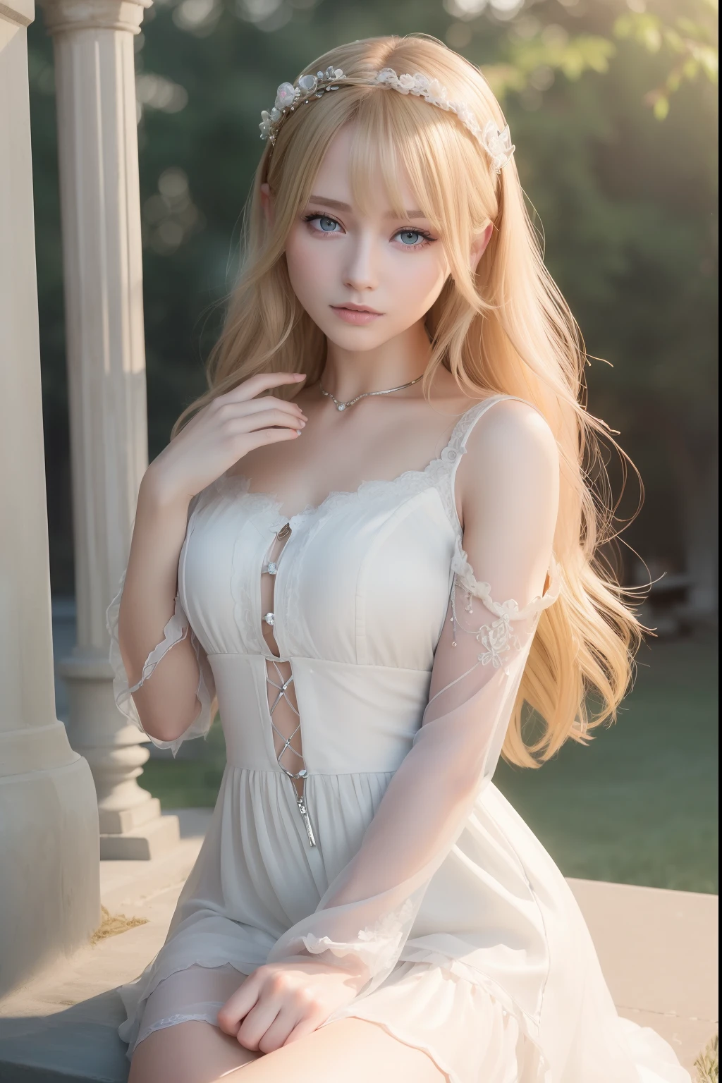 ((top quality, 8k, Masterpiece, photorealistic , 35mm lens, f/0.8, amazing cute perfect figure :1.4)), cinematic lighting, ((flat chest :0.8)), (white Gothic :1.2),circlet on head, (outside the castle background:1.2), Highly detailed face and skin texture:1.2, Detailed black eyes:1.1, super detailed skin, shiny skin:1.2, Beaming , beautiful detailed makeup, high-fidelity bangs, very brilliant light blonde twin tale hairstyle, sit, head tilt, looking at viewer, 