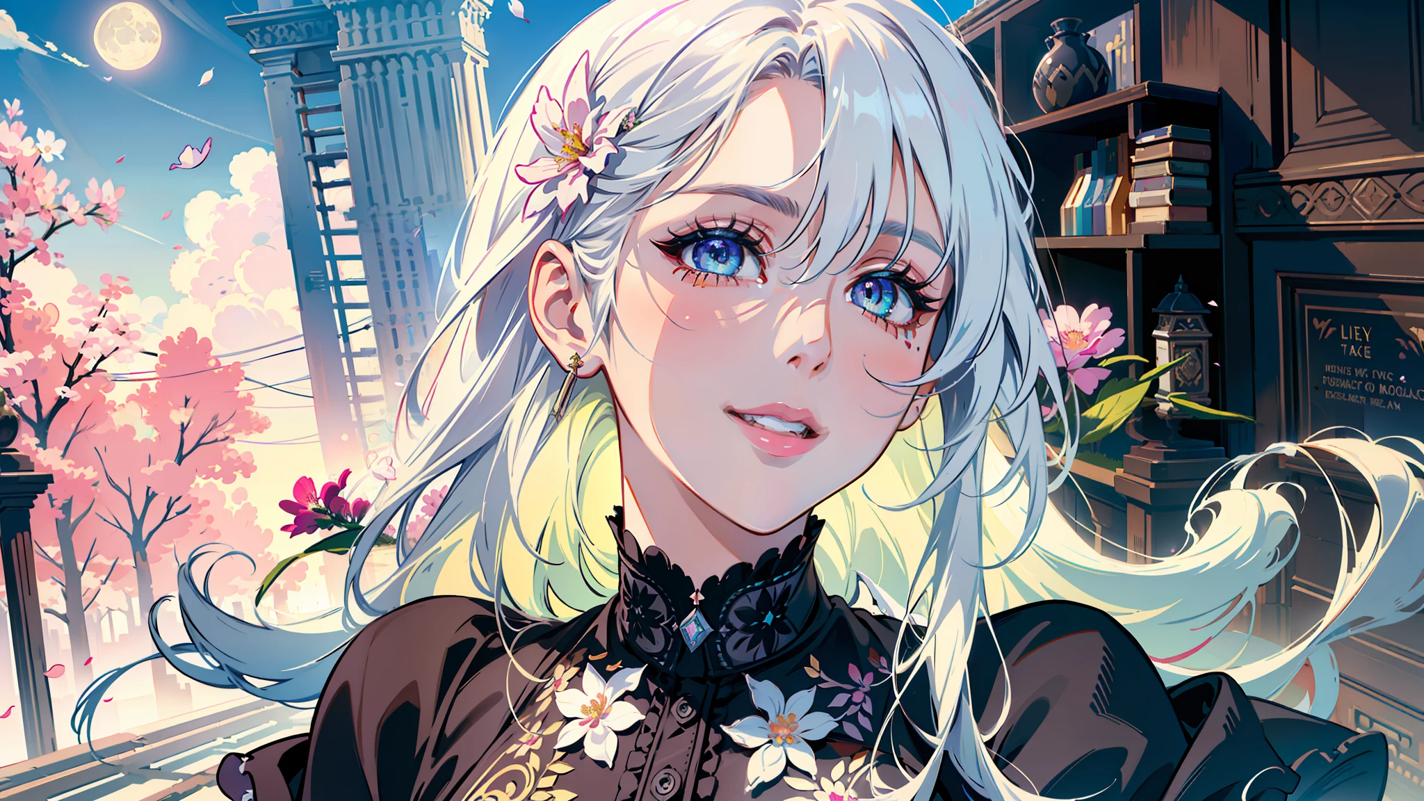 masterpiece, best quality,
1girl, (colorful),(finely detailed beautiful eyes and detailed face),cinematic lighting,bust shot,extremely detailed CG unity 8k wallpaper,white hair,solo,smile,intricate skirt,((flying petal)),(Flowery meadow)
sky, cloudy_sky, building, moonlight, moon, night, (dark theme:1.3), light, fantasy,