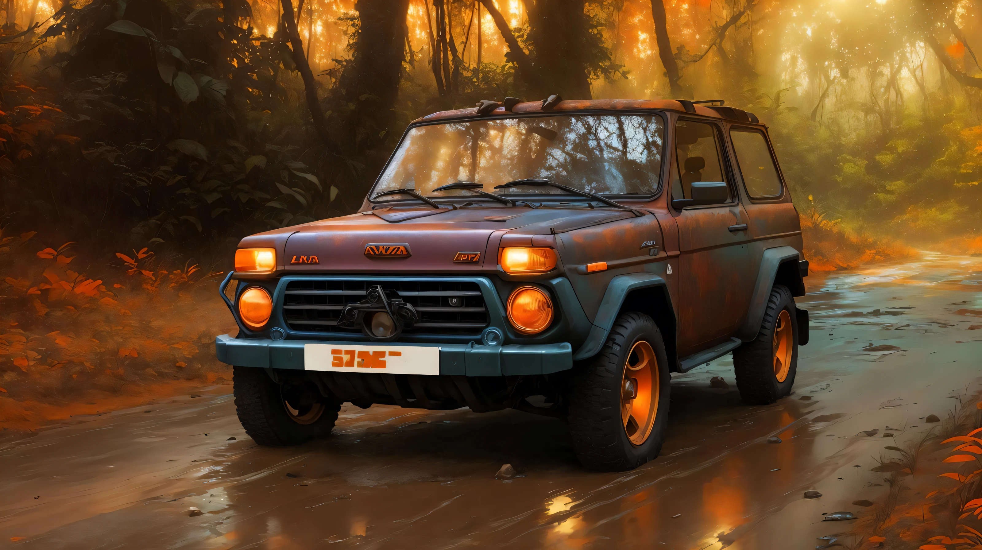 LADA Niva, rusty car,alien planet, retrofuturism,(backlight:1.2),(jungle:1.2), headlights, rays of light, road, forest, meadows, (puddles:1), (Teal and Orange,:1.3) mountains, clouds, golden hour,(cinematic look,:0.8) hyperdetailed,atmosphere