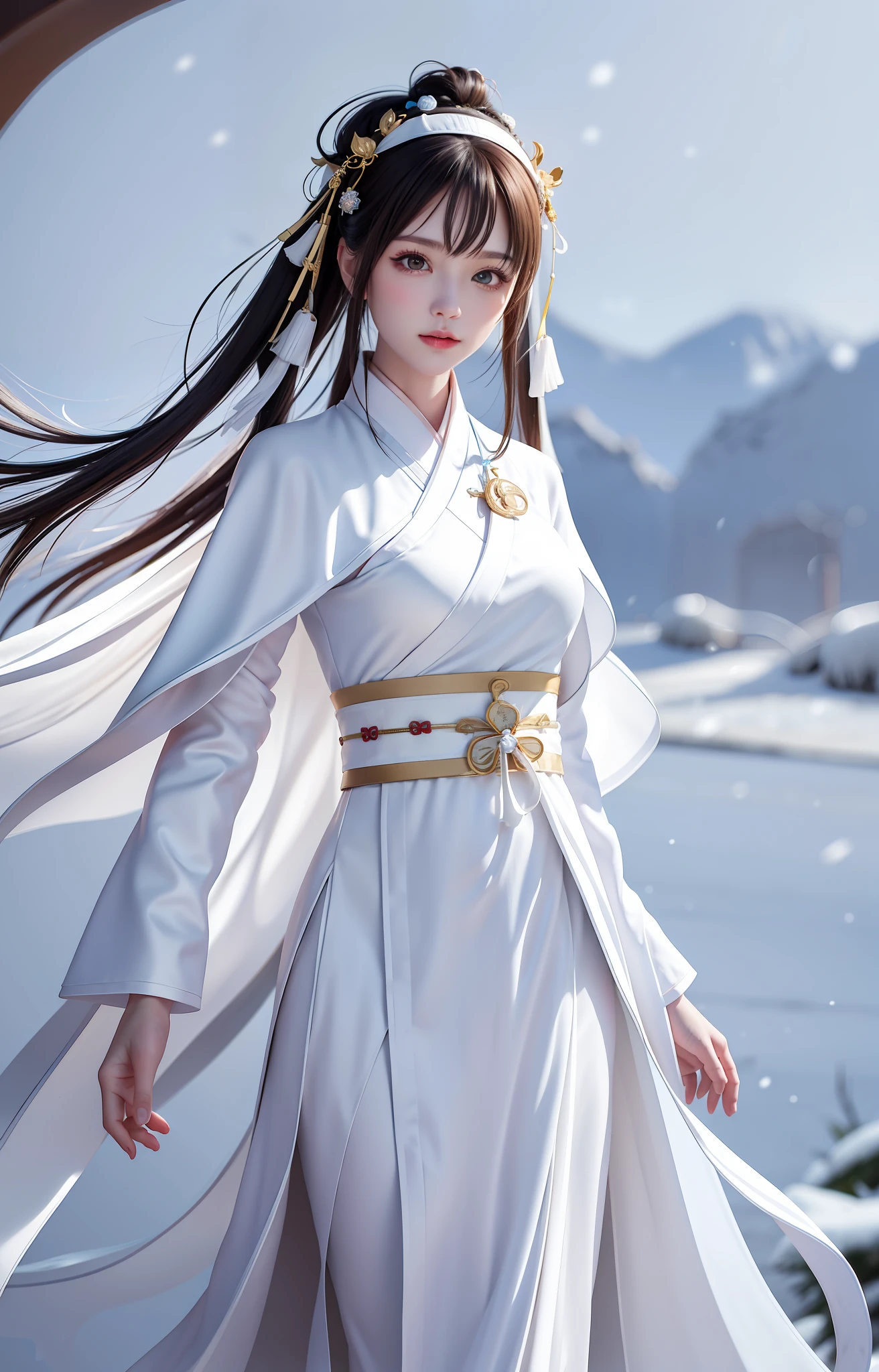 The best quality, masterpieces, white hanfu, Taoist robes, snow scenes. Ribbon in headdress, cape