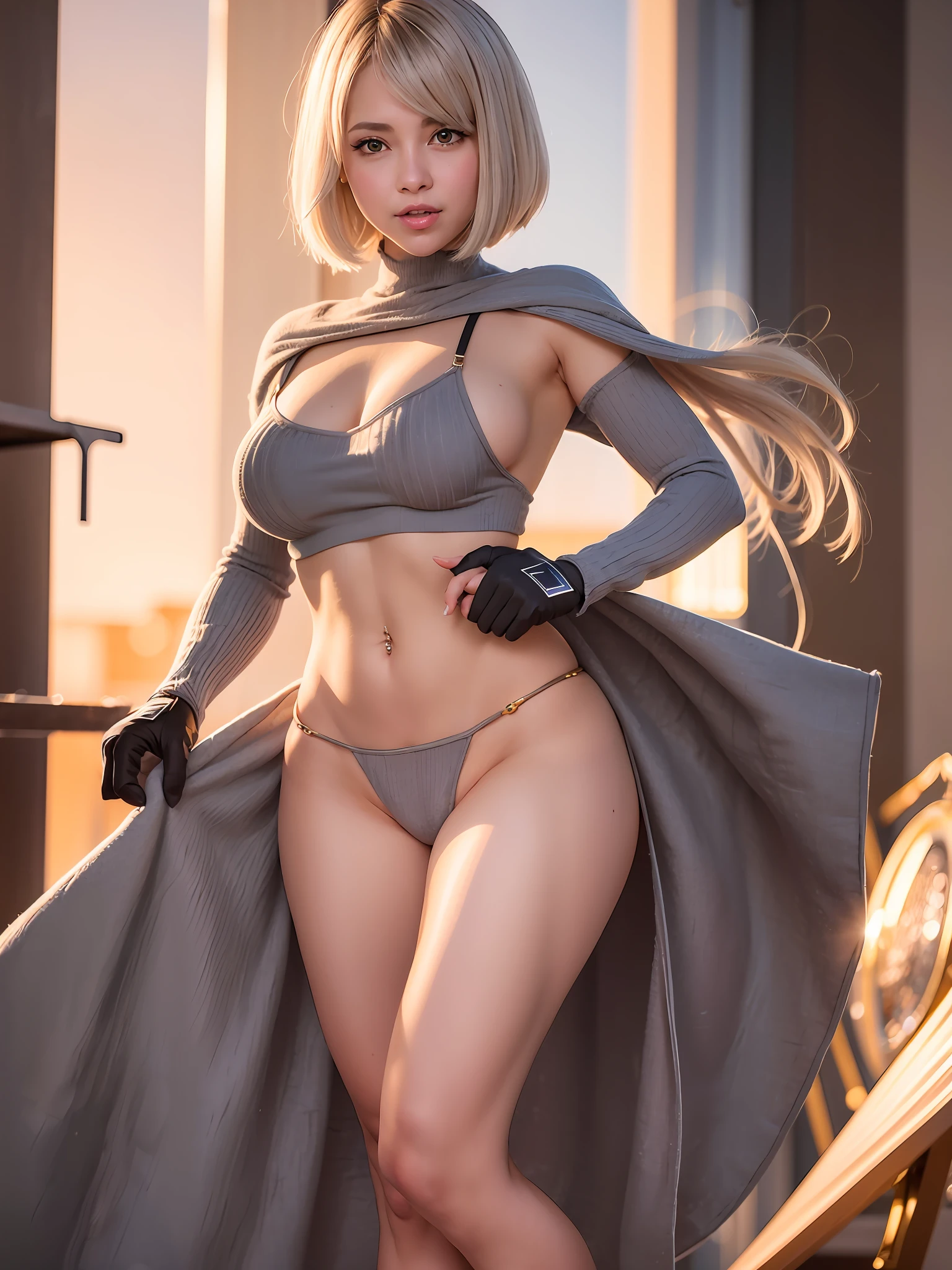 Super smile, full body, gray hair, (Dragoon: 1.2), blantvan, masterpiece, top quality, official art, very elaborate CG Unity 8K wallpaper, for girls, ultra high resolution, (photorealistic: 1.4), golden hour lighting, sweater dress, (upper body), (platinum shorthair: 0.8), (puffy eyes), looking at viewer, frontal, smile, medium breasts, Shirt lift, gloves, short hair