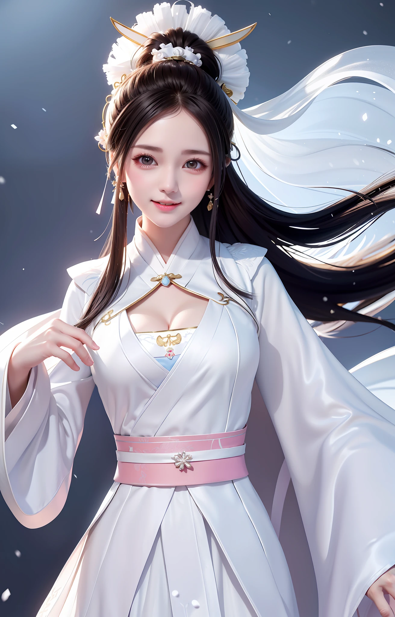 The best quality, masterpieces, white hanfu, Taoist robes, snow scenes. Headwear ribbon, high ponytail, cape, mid-chest, cleavage 0.3, charming smile, healing smile, beauty that people can't forget when they look at it,