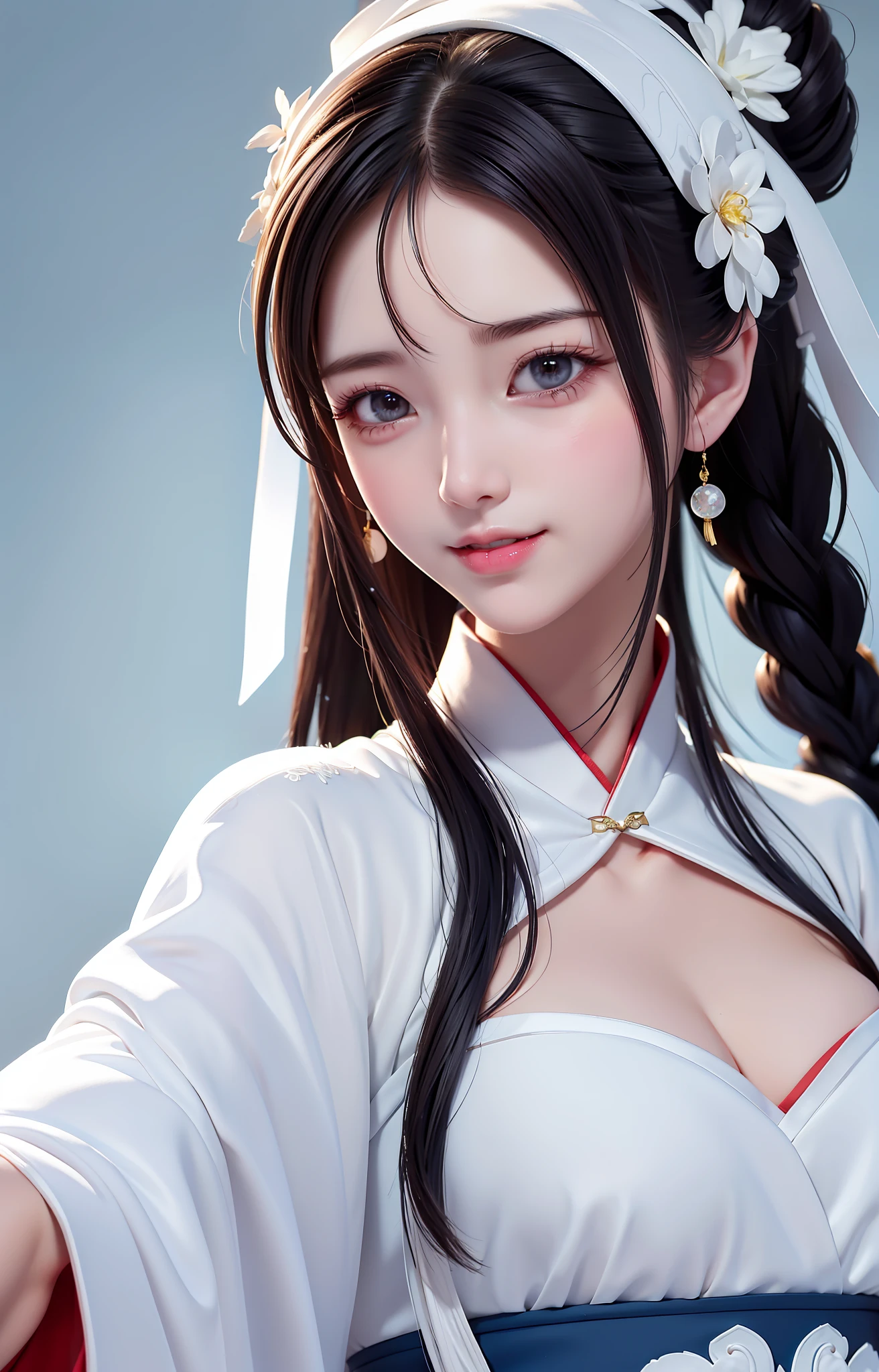 The best quality, masterpieces, white hanfu, Taoist robes, snow scenes. Headwear ribbon, high ponytail, bandeau, mid-chest, cleavage 0.3, charming smile, healing smile, beauty that people can't forget when they look at it, close-up