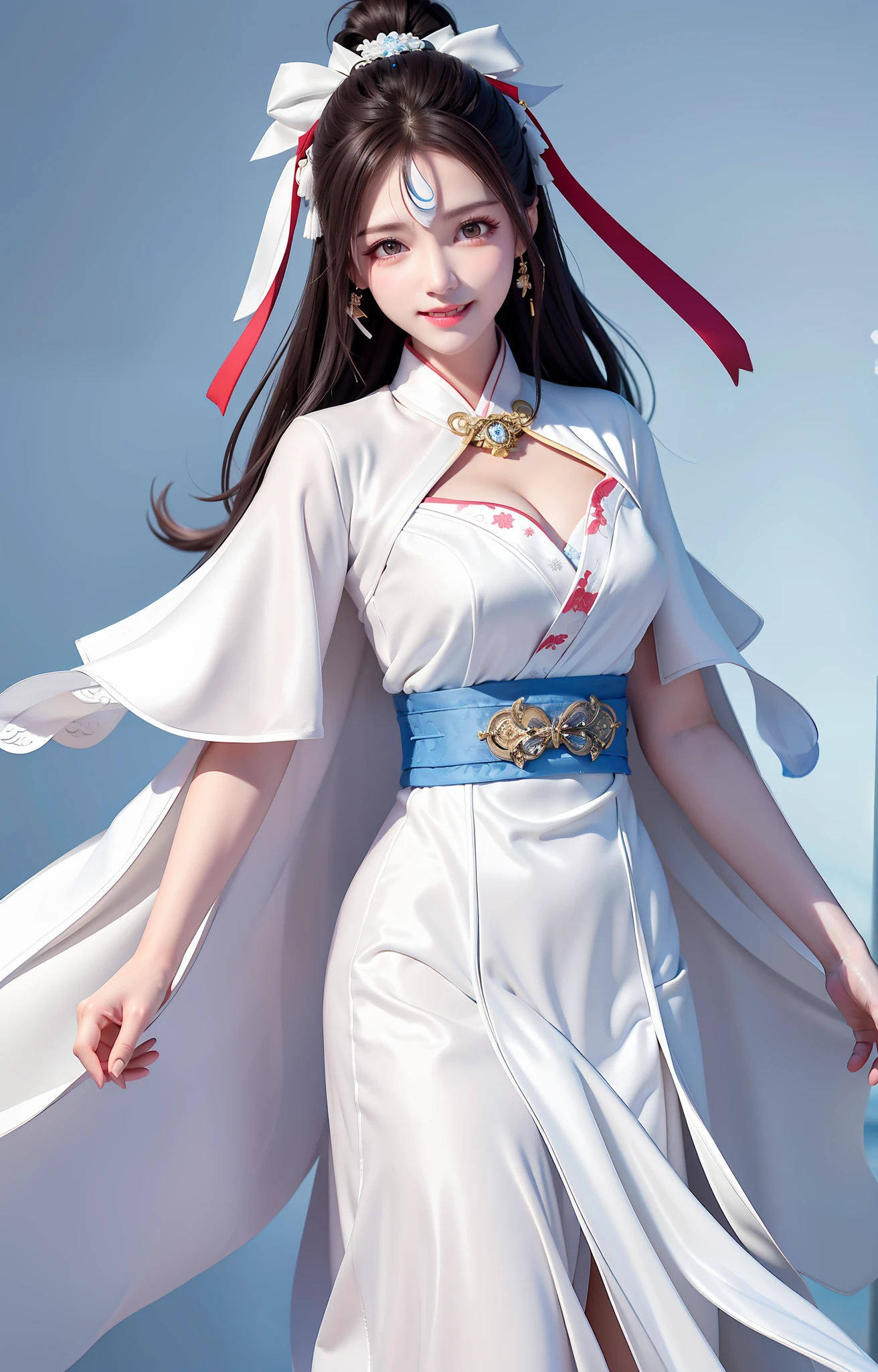 The best quality, masterpieces, white hanfu, Taoist robes, snow scenes. Headwear ribbon, high ponytail, cape, mid-chest, cleavage 0.3, charming smile, healing smile, beauty that people can't forget when they look at it,