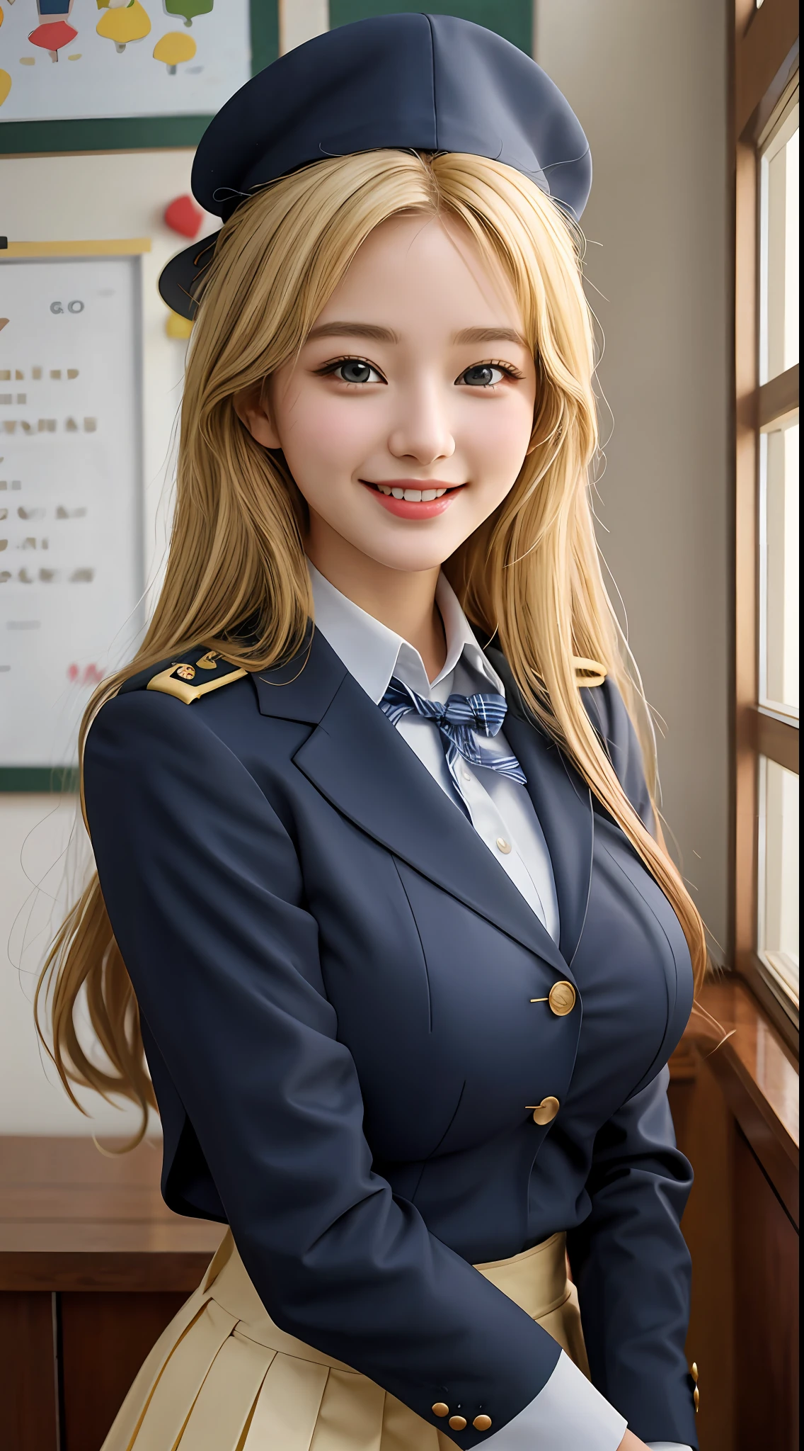 girl, one, best quality, beautiful, cute, very big breasts, masterpiece, blonde, smile, schoolgirl, uniform, gal, mature face
