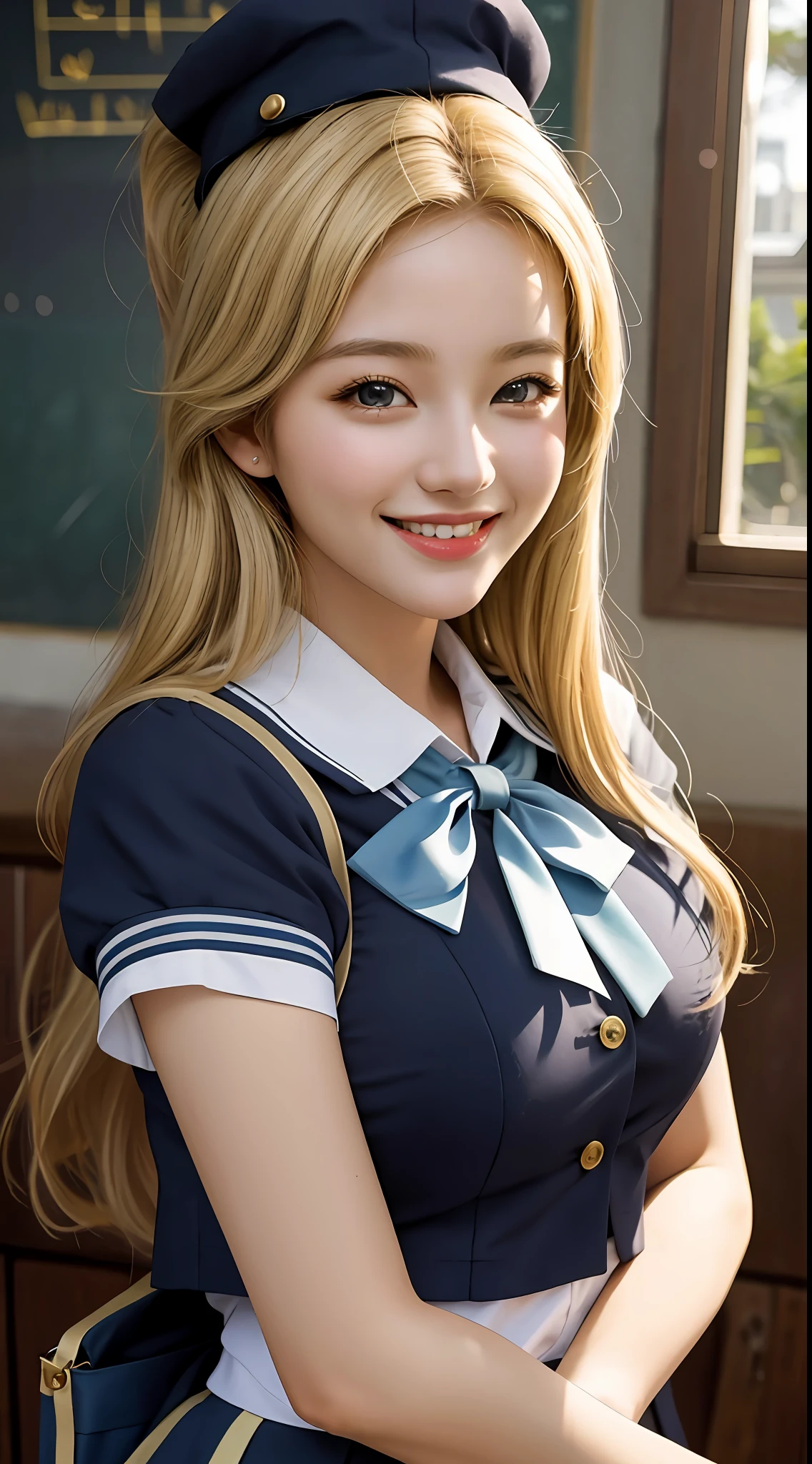girl, one, best quality, beautiful, cute, very big breasts, masterpiece, blonde, smile, schoolgirl, uniform, gal, mature face