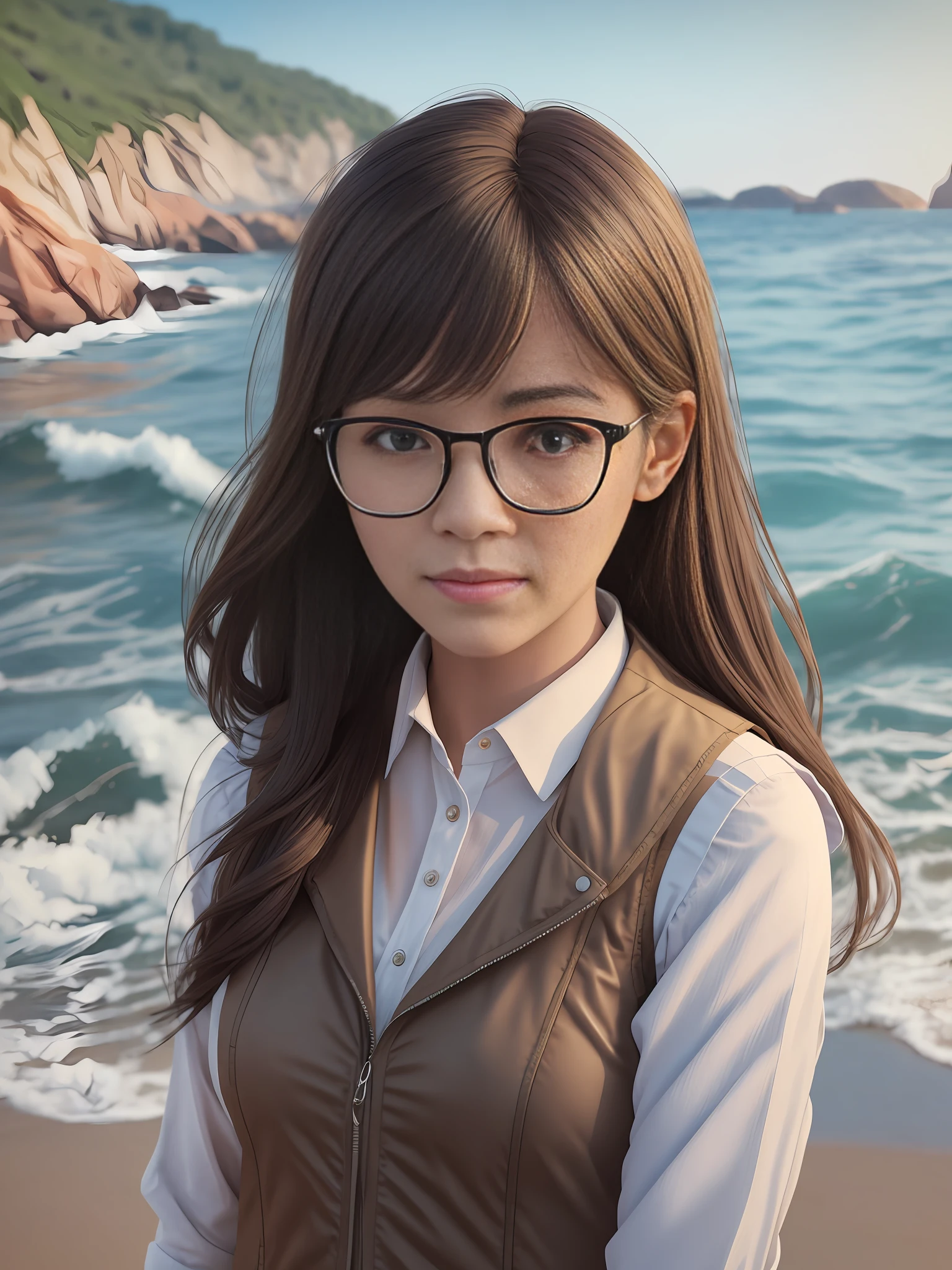 female with hime cut, glasses, vest, at the sea, realistic, 8k --auto --s2