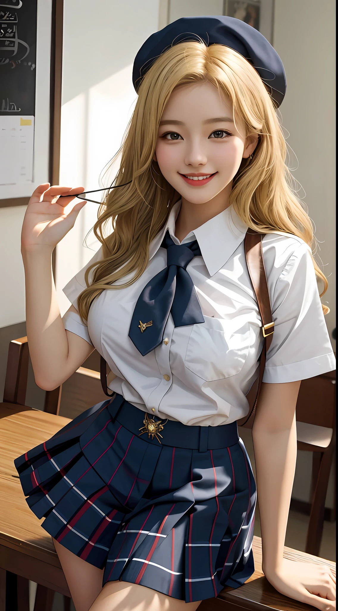 girl, one, best quality, beautiful, cute, very big breasts, masterpiece, blonde, smile, schoolgirl, uniform, gal, mature face