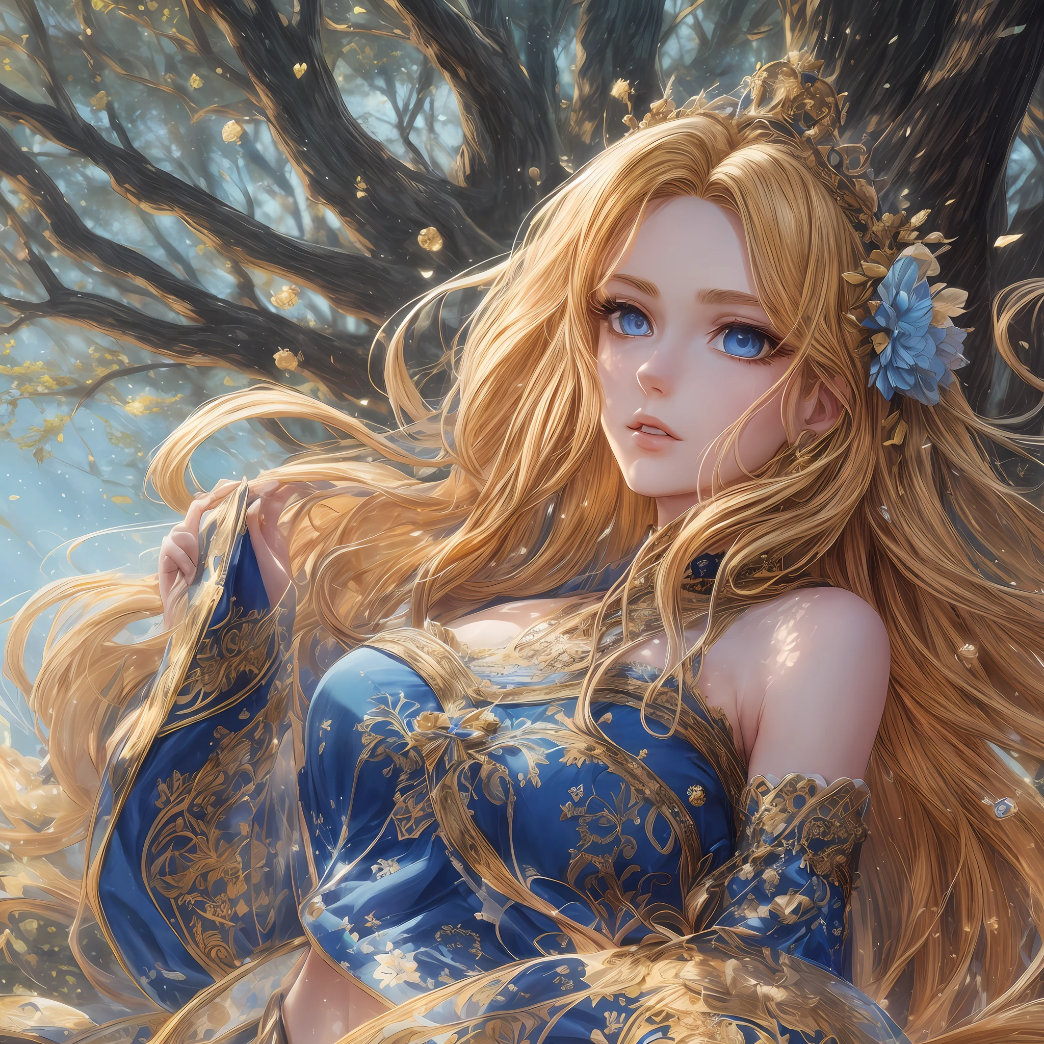 best quality, masterpiece, young princess, golden hair, detailed, blue eyes, windy, floating hair, half body, detailed face, winter, trees, sunshine, midriff, crown of flowers, blue dress, flawless, clean, cinematic lighting, cinematic bloom, perfect face, beautiful face, beautiful eyes, see through lace