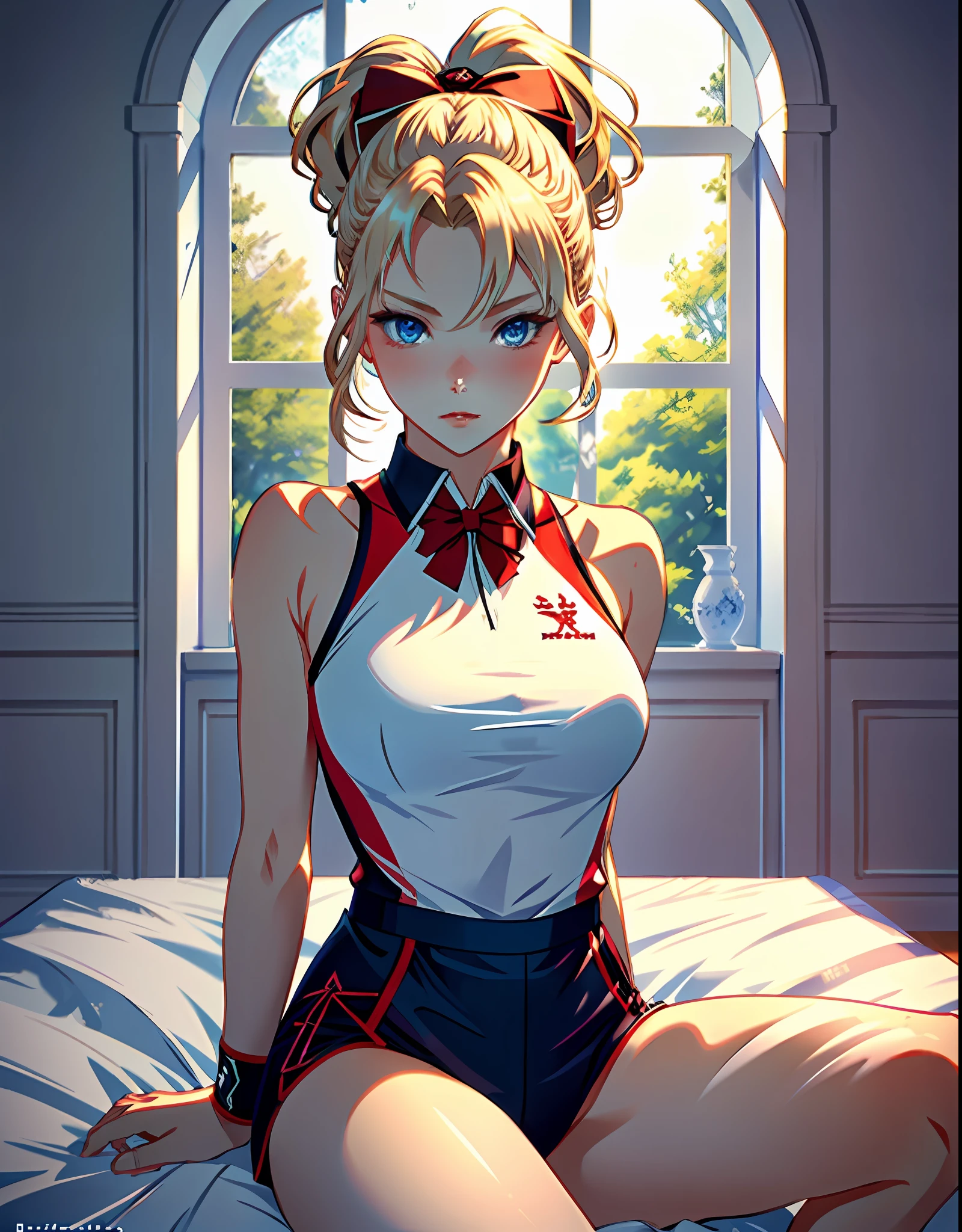 masterpiece, ultra high quality CG, best quality, perfect picture, solo, lidia sobieska (tekken, blonde hair with high ponytail, blue eyes, red hairbow, strong), wearing a sexy karate outfit, sitting on the bed, looking sideways, blushing, shoulders showing, in a European mansion
