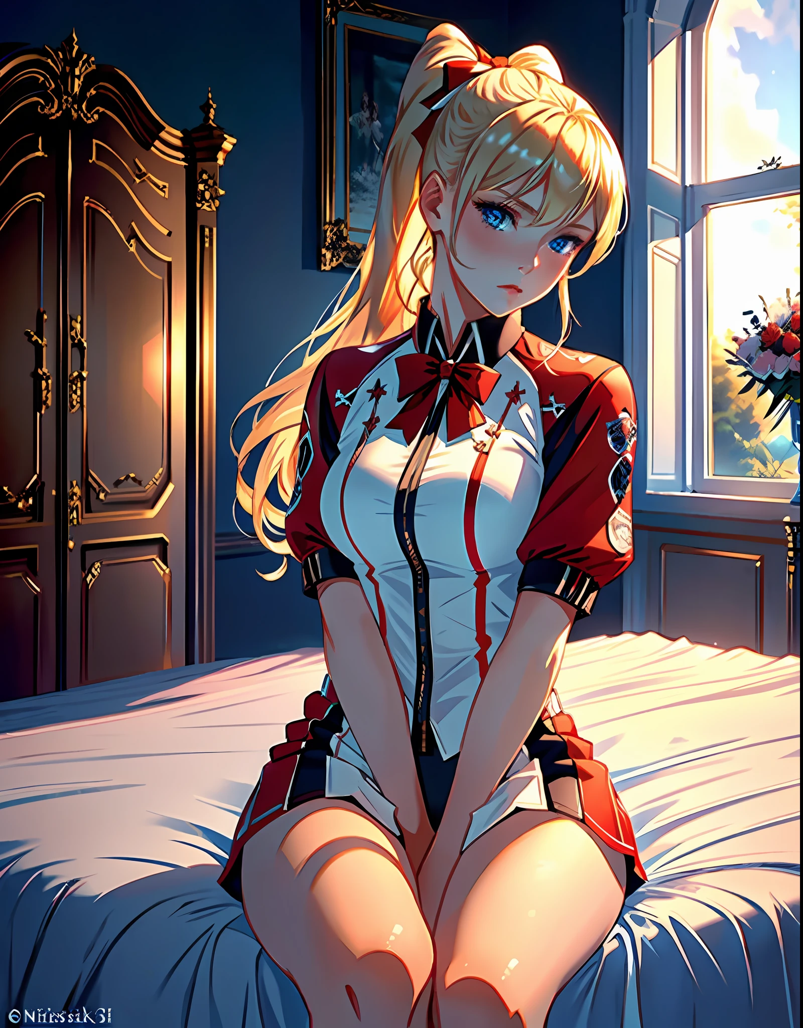 masterpiece, ultra high quality CG, best quality, perfect picture, solo, lidia sobieska (tekken, blonde hair with high ponytail, blue eyes, red hairbow, strong), wearing a sexy karate outfit, sitting on the bed, looking sideways, blushing, shoulders showing, in a European mansion