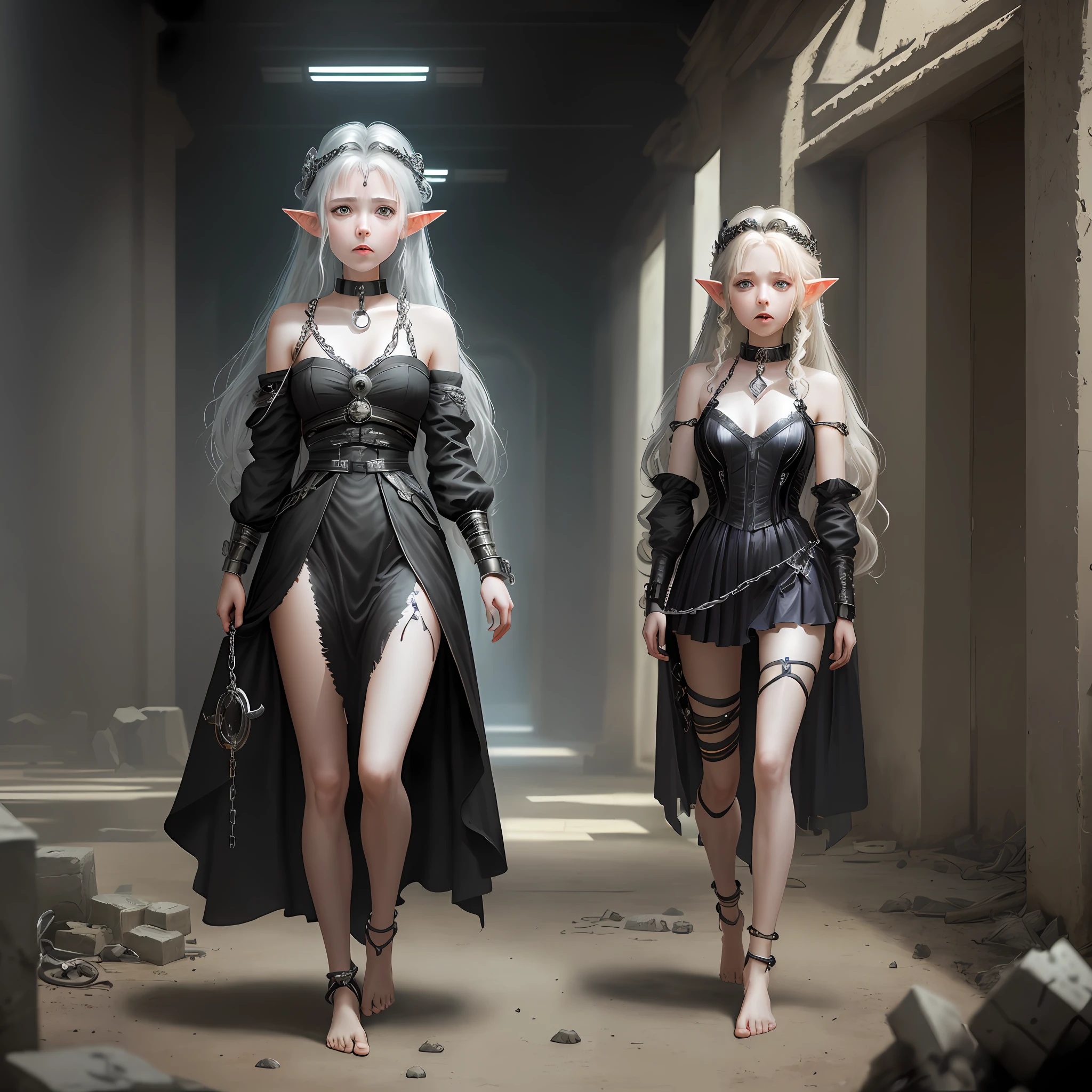 masterpiece,best quality,highly detailed,science_fiction,1girl,game_cg,halo,tiara,collar,chains,cuffs,shackles,cane,torn_clothes,contemporary,barefoot,undressing,elf,tears,messy_hair,hand_to_mouth,yin_yang,ruins