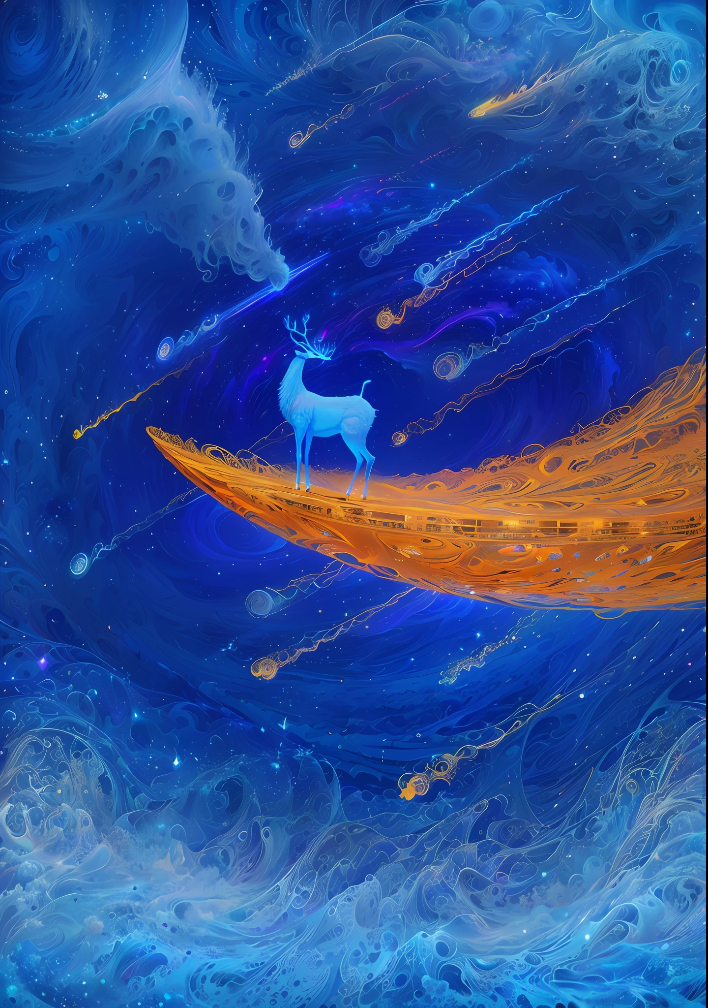 A deer standing on a moon shaped object in the sky and dreaming of electric sheep, blurry and dreamy illustration, calm night. Digital illustration, Blurred and dreamlike illustration, Amédée Ozenfant, dreamlike illustration, in astral plane)) ), colorful plane surreal ethereal, in cosmic realm, in surreal dreamy landscape, light shadows, waves, multiple layers, Foreground, vista, fractal thunder Dan Mumford, Dan Mumford and Alex Gray style, psychedelic surreal art, surreal psychedelic design, fantasy art style, illusion psychedelic art, infinite psychedelic waves , inspired by Cyril Rolando, real ripple structure, psychedelic art style, psychedelic art, psychedelic illustration -- V6
