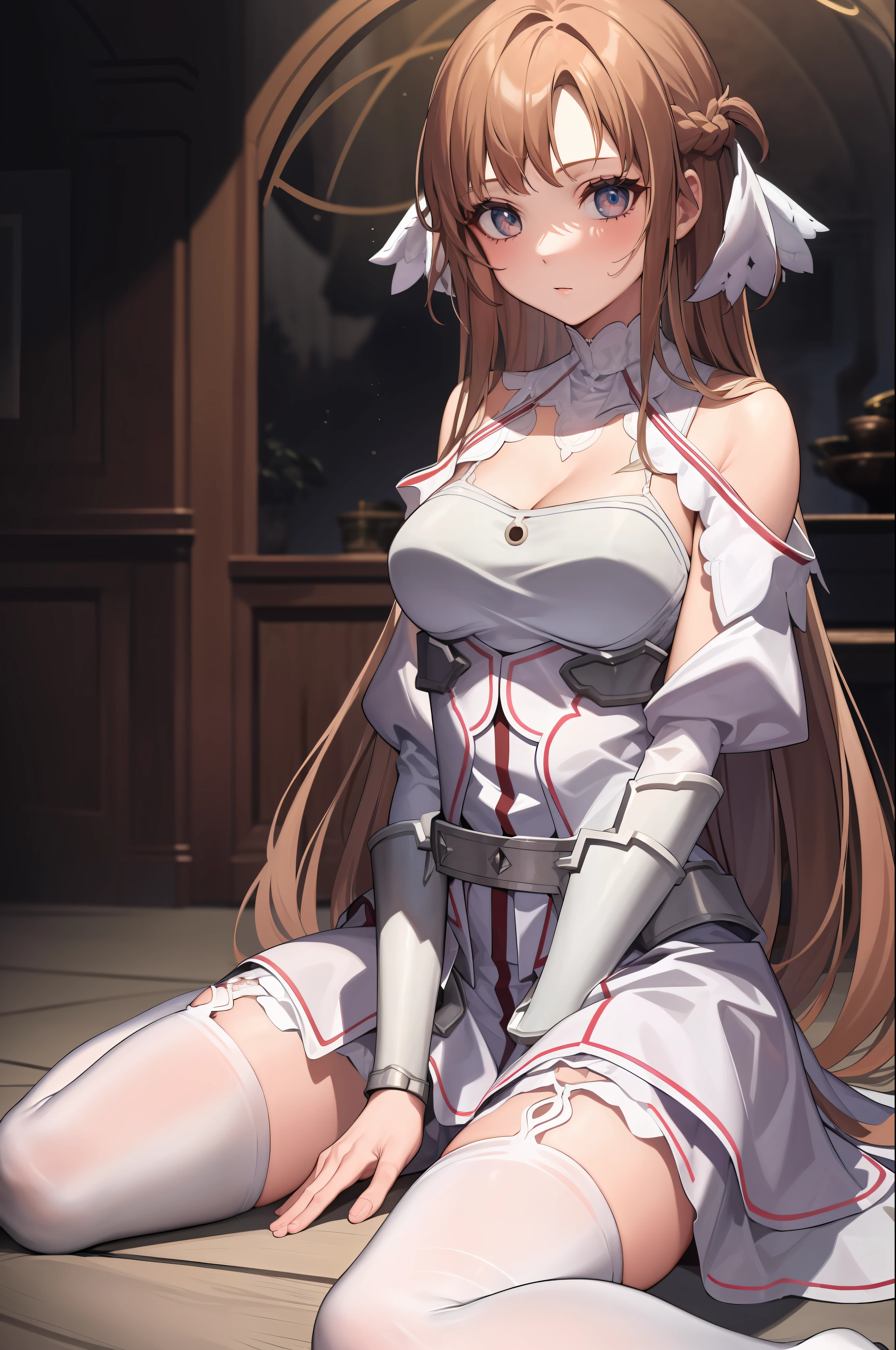 ((masterpiece)), best quality, ultra detailed,(1girl), long hair,beatiful background, indoors,((a dress with white stockings on garters)), breasts,  (sitting), good legs, front view,  confused face, wariza,