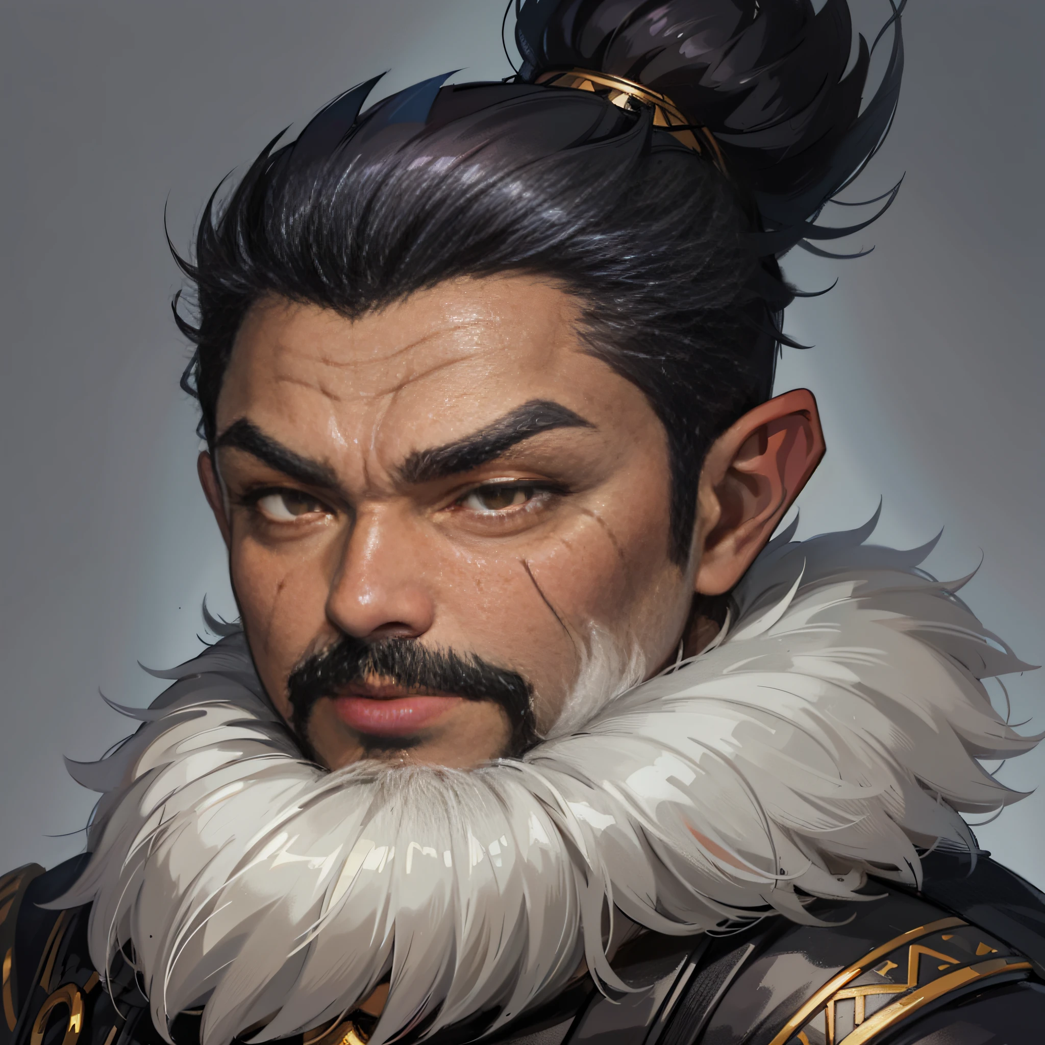 Portrait Rpg, close-up, vector art, Race: Crazy Gnome Gender: Male Eyes: Light black Skin color: Dark gray Physique: Fat complexion. Facial features: Very marked black dark circles. Expression: Exorbitant look. Hairstyle: Shaved hair, Equipment: Ropa de rey fantastica, Background: Chimenea