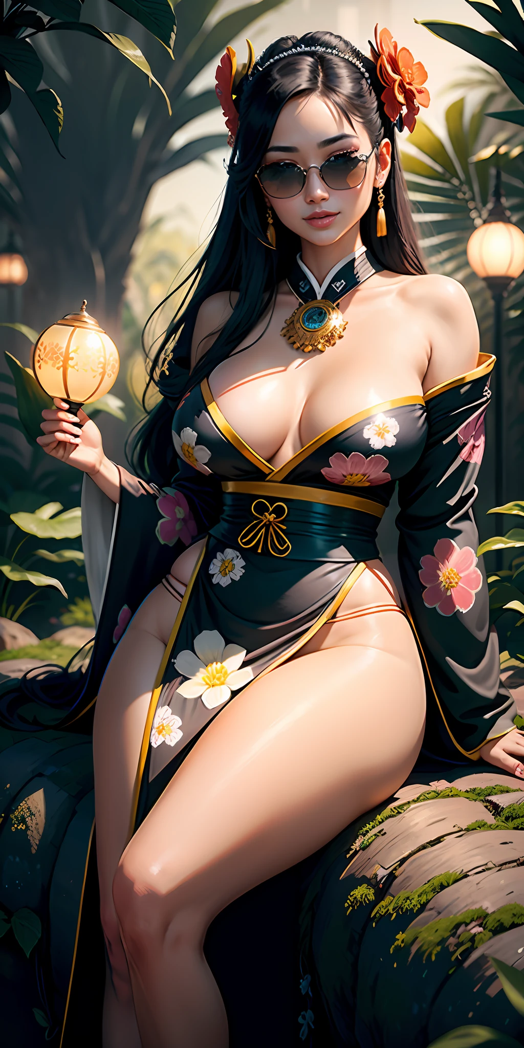 a gorgeous sexy sexy sexy geisha perfect 23-year-old with flowing flowing hair, wearing jeweled sunglasses and bracelets (photorealistic: photorealistic, 8K masterpiece), short black and white curt kimono with bright neon flower details, sitting under a futuristic tree trunk (science fiction) with a bright full moon behind it (hyperrealistic: realistic intricate details), Smiling: sensual feature, (texture and environment well detailed perfect lighting).