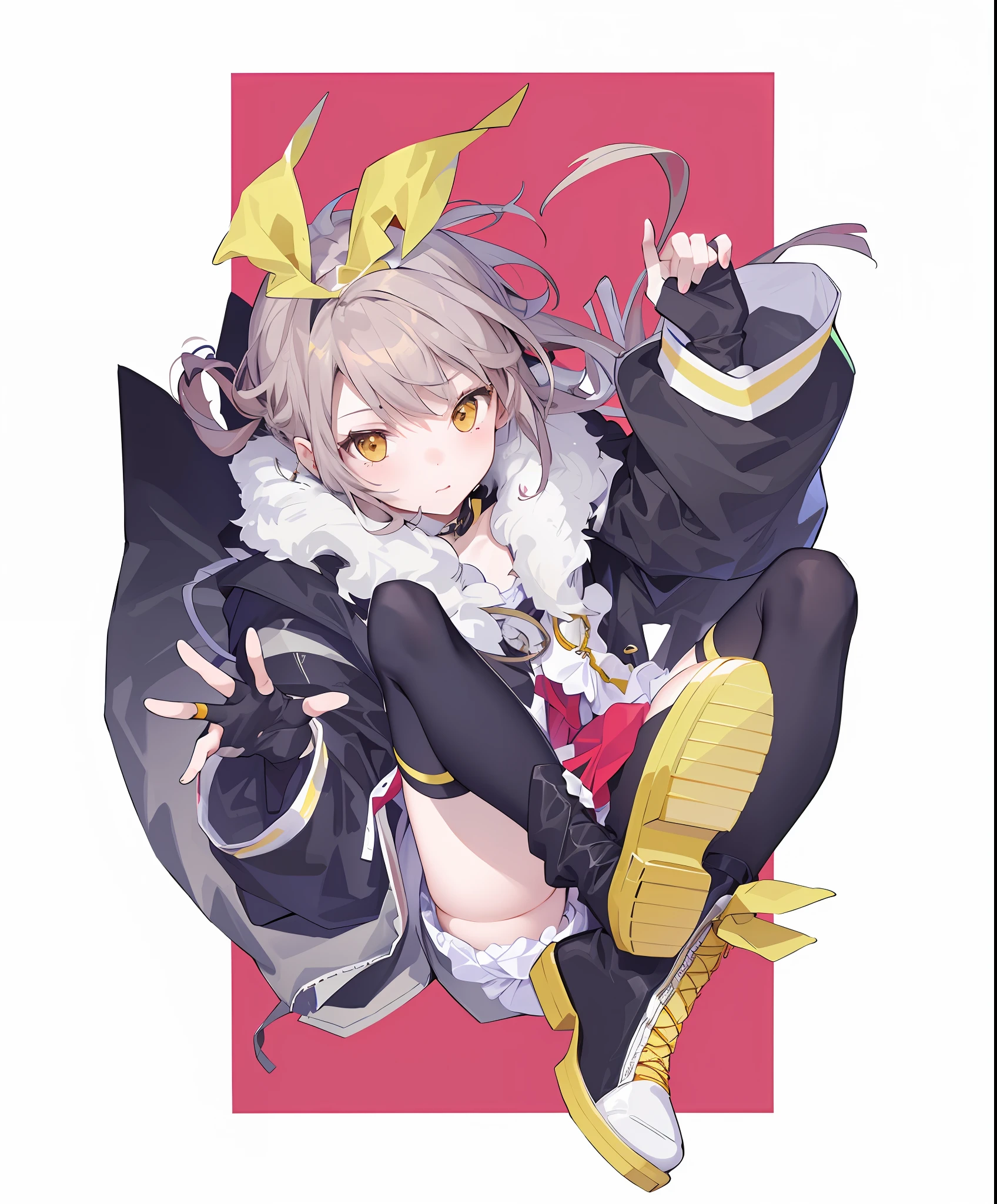 Cute girl with flaxen hair, orange eyes, soft natural light, yellow strappy headdress, black coat with plush trim, black stockings