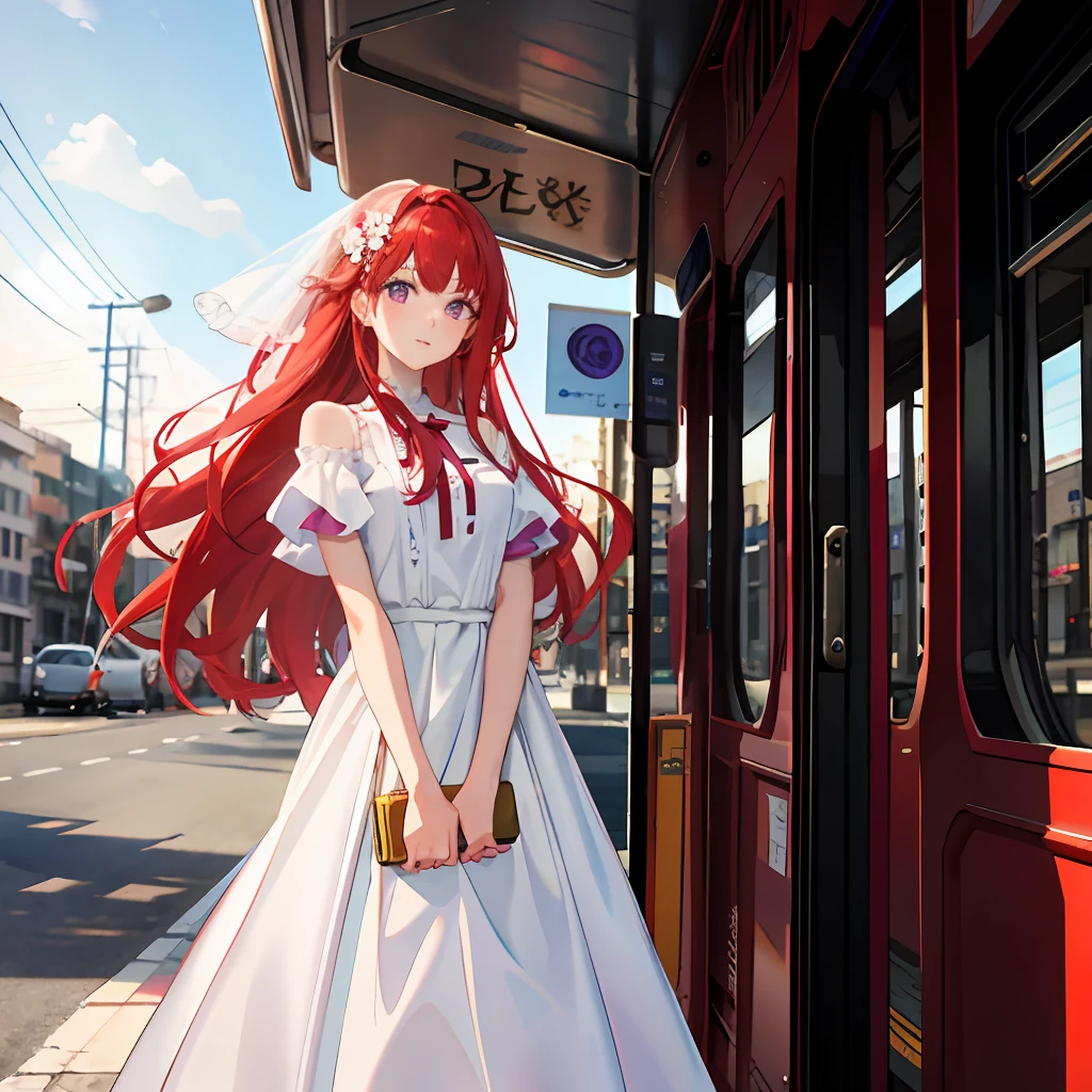 A girl, long red hair, purple eyes, wearing a white wedding dress, standing on the bus stop, sunny, best picture quality, 8K resolution,