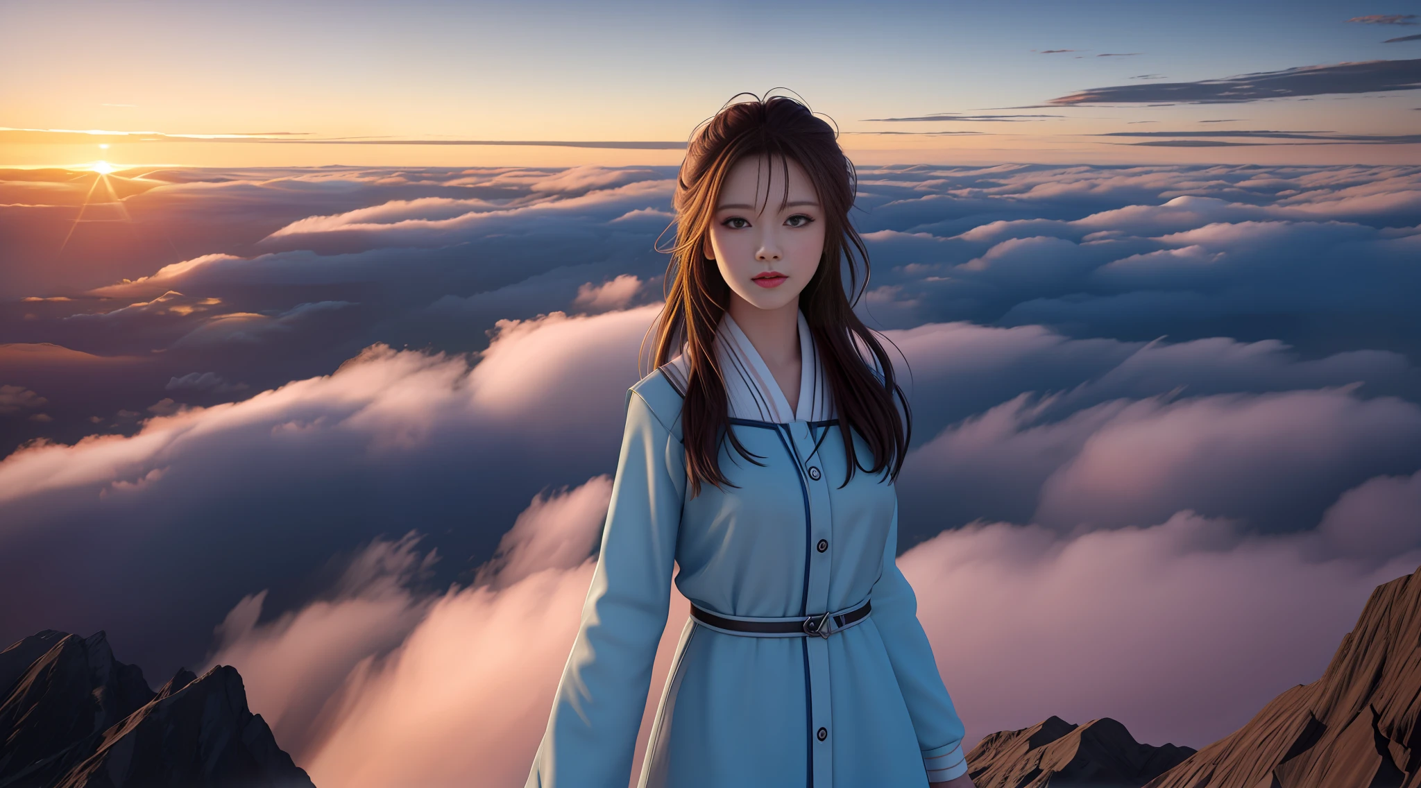 Best Quality, Masterpiece, High Resolution, 1Girl, Standing on the Top of a Mountain, Looking at Clouds, Watching the Sunset, Sunset, Sea of Clouds, Realistic, Lighting, (High Detail Skin: 1.2), 8K UHD, DSLR, Soft Light, High Quality, Volumetric Light, Voyeur, Photo, High Resolution, 4K, 8K, Background Blur,