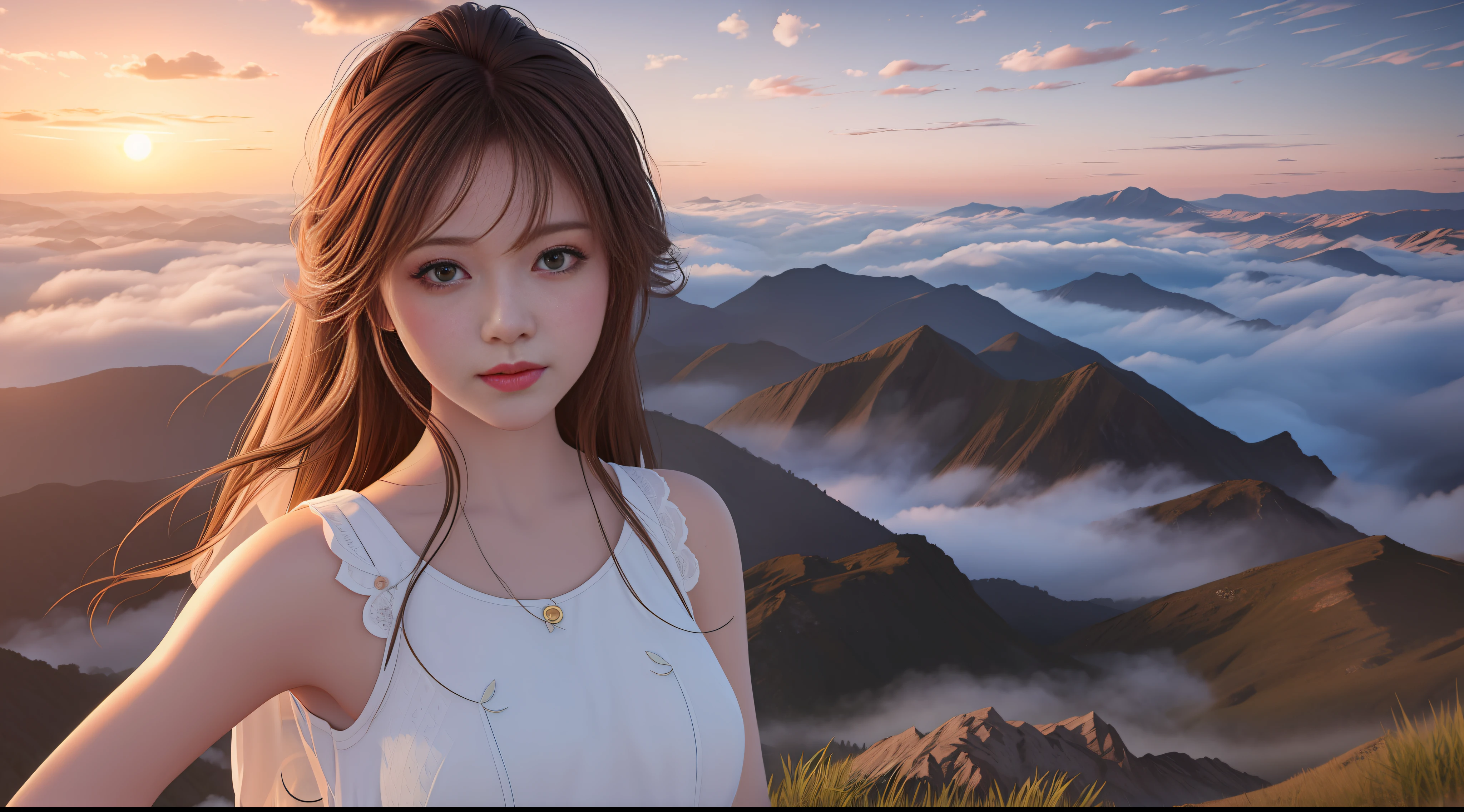 Best Quality, Masterpiece, High Resolution, 1Girl, Standing on the Top of a Mountain, Looking at Clouds, Watching the Sunset, Sunset, Sea of Clouds, Realistic, Lighting, (High Detail Skin: 1.2), 8K UHD, DSLR, Soft Light, High Quality, Volumetric Light, Voyeur, Photo, High Resolution, 4K, 8K, Background Blur,