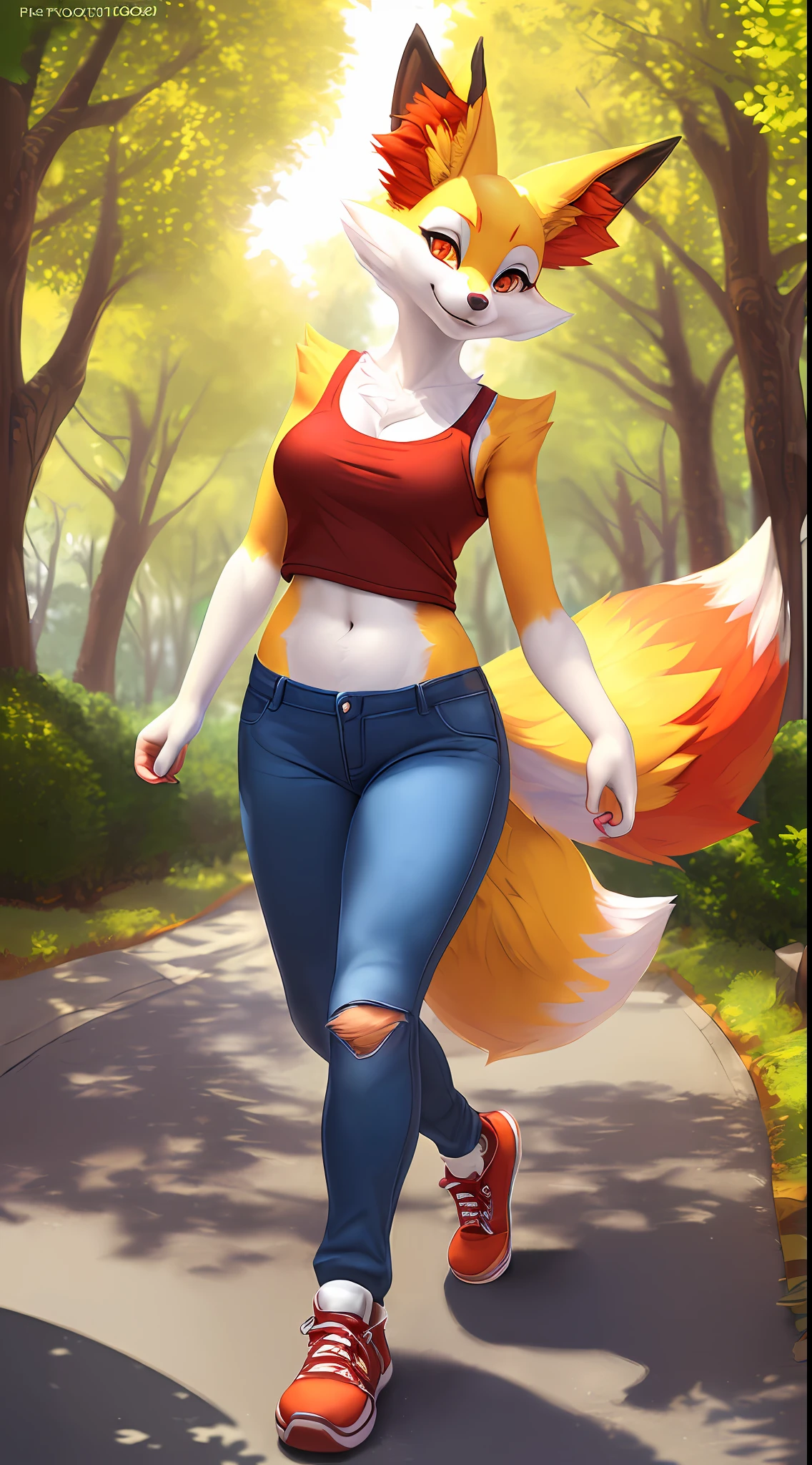 [pokemon ; Braixen], [Uploaded to e621.net; (Foxovh), (Pixelsketcher), (mayosplash], ((masterpiece)), ((solofull body portrait)), ((furry; antrho fox girl)), ((detailed fur)), ((raytracing)), ((detailed shading)), ((beautiful render art)), {anthro pokemon; (braixen); (yellow, red, and black fur, red ear fluff), bright orange eyes, happy smile, medium boobs, Tank top, tight blue jeans, red sneakers}, (walking on sidewalk; (walking towards camera), attractive pose), [background; outside daytime, park; (trees, pond]