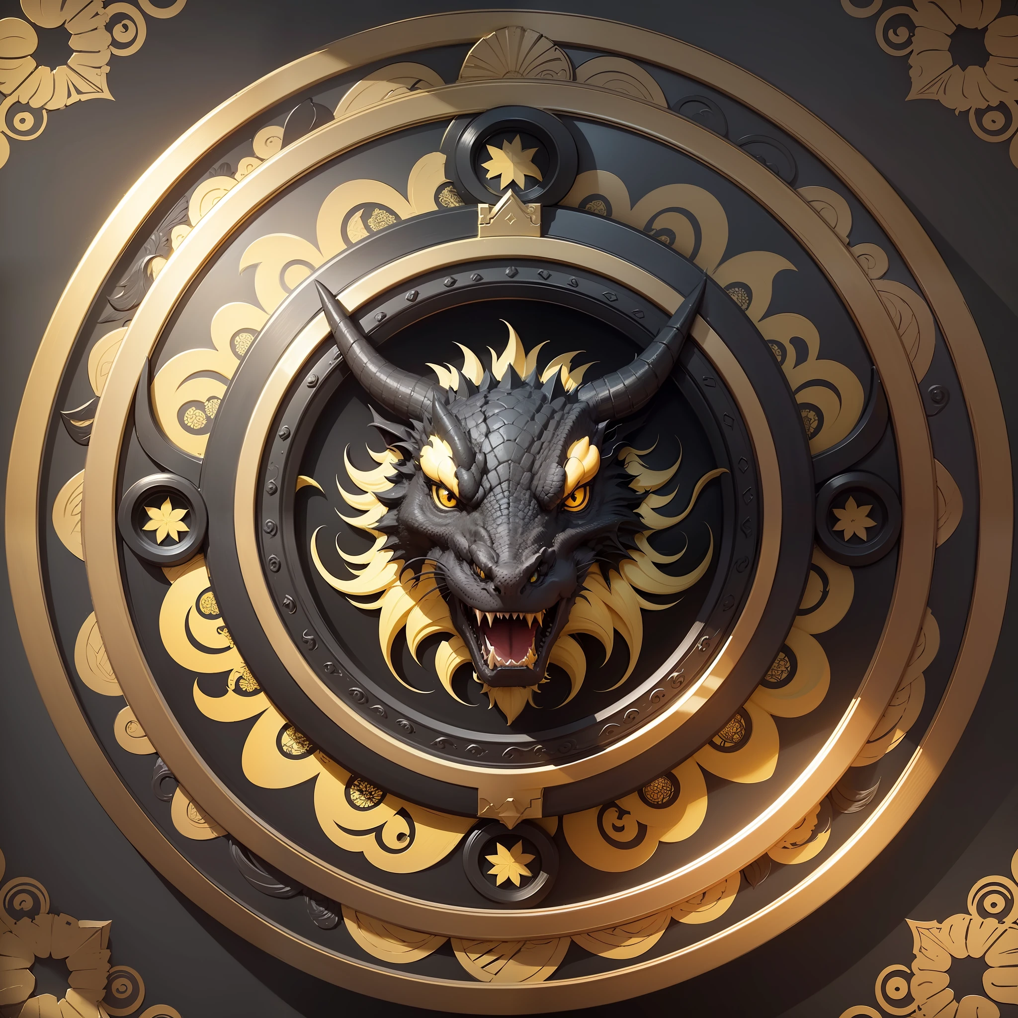 Create a minimalist black and yellow art of a dragon inside a circular frame with a white background, has a sharp outline, is vibrant, epic, smooth, and 4K. --auto --s2
