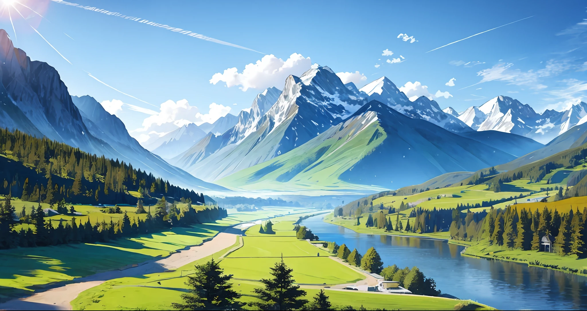 detailed background, masterpiece, top quality, landscape, mountain, river, forest, sun, day, cloud