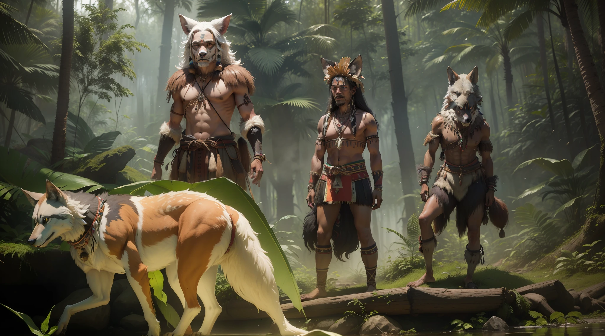 Guara wolf, wolf guará, loboguará, werewolf, Káiri. Káiri, tribes, campfire, dance, indios, indio cabeça de lobo, amazon forest, indios, werewolf with indigenous costumes, late eighteenth century, realism, photo realism, 8k, 80mm, f/1.8